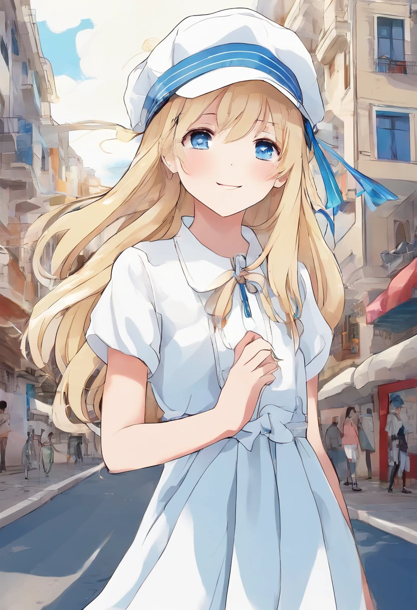 Cute girl standing on the street in Mediterranean port city,Wind,pale blond hair, Blue eyes,very long twintails,White Dress,White hat,Blue sky,Laugh,double tooth,Closed eyes,Looking at Viewer,Lens Flare,Dramatic, Coastal