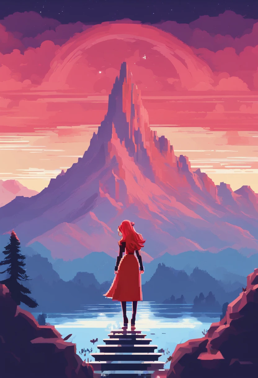 Atmospheric perspective, in a panoramic view, Lens flare, Sony FE GM, Ultra-wide angle, Masterpiece, Anatomically correct, Super detail, High quality, High details,Background: Magnificent snow-capped mountains under the stars, aurora, meteor shower, Woman in red dress costume,Back Shadow,long whitr hair