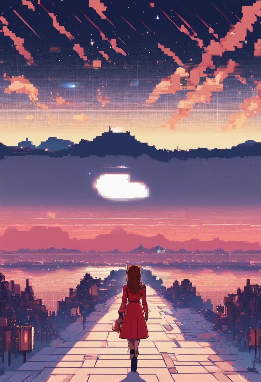 Atmospheric perspective, in a panoramic view, Lens flare, Sony FE GM, Ultra-wide angle, Masterpiece, Anatomically correct, Super detail, High quality, High details,Background: Magnificent snow-capped mountains under the stars, aurora, meteor shower, Woman in red dress costume,Back Shadow,long whitr hair