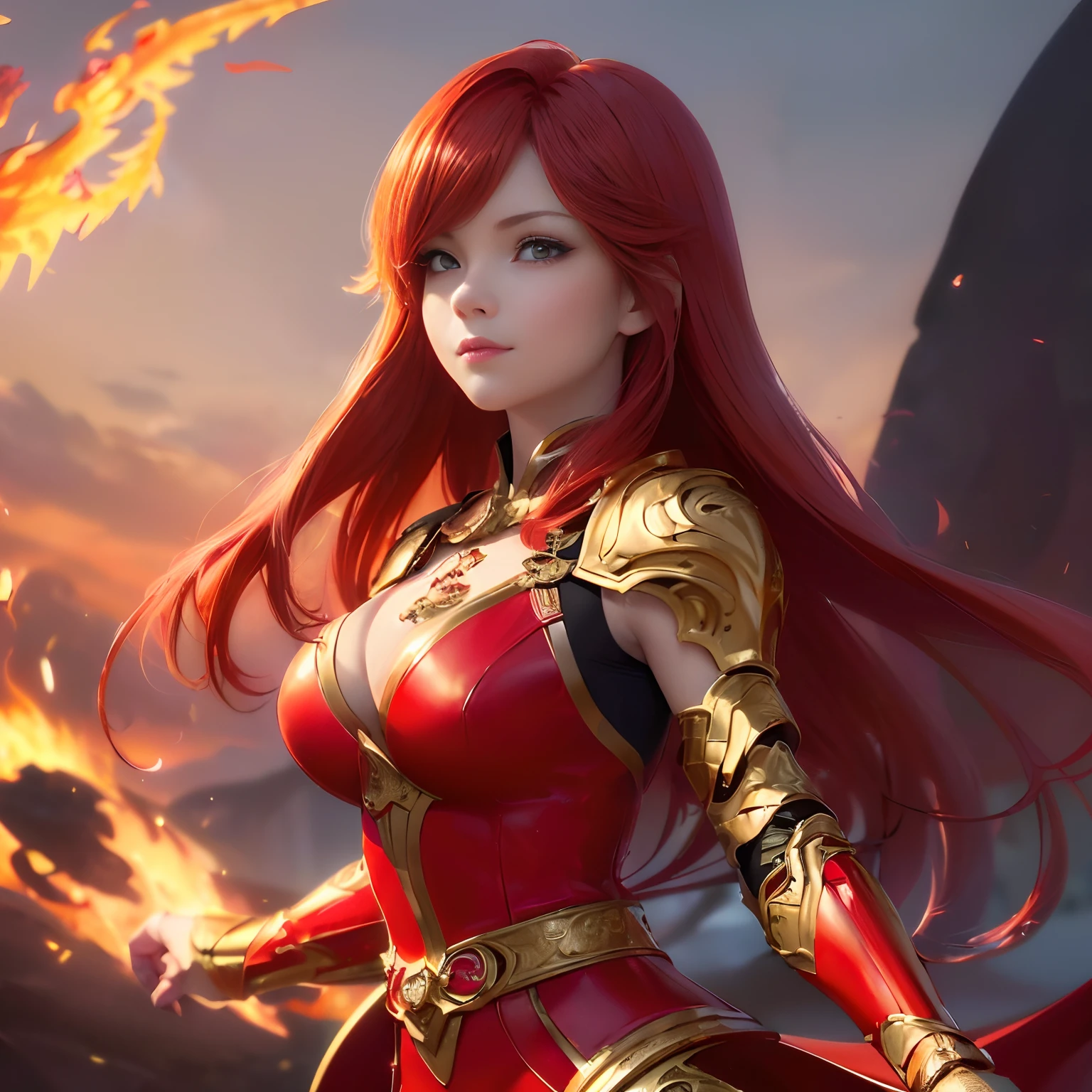 (1GIRL), (ssmile, red_libs, dark_hair), (mecha helmet:1.2), (BIG BUTTOCKS, HUGE FAKE BOOBS, CLEAVAGE:1.4), (PHOENIX MECHA GUARD ARM, GLOVES:1), (red, black, gold, MECHA CYBER SHINY ARMORED SUIT, MECHA SKINTIGHT PANTS, GUARD ARMOR LEGS, HIGH HEELS:1.4), (MUSCULAR BODY, SEXY LONG LEGS, FULL BODY:1.5), (MUSCLE ABS:1.2), (LOOKING AT VIEWER:1.2), (WALKING DOWN HALLWAY OF FUTURISTIC SPACE STATION, BRIGHT LIGHTING:1), PHYSICALLY-BASED RENDERING, ULTRA HIGHT DEFINITION, 16K, 1080P.