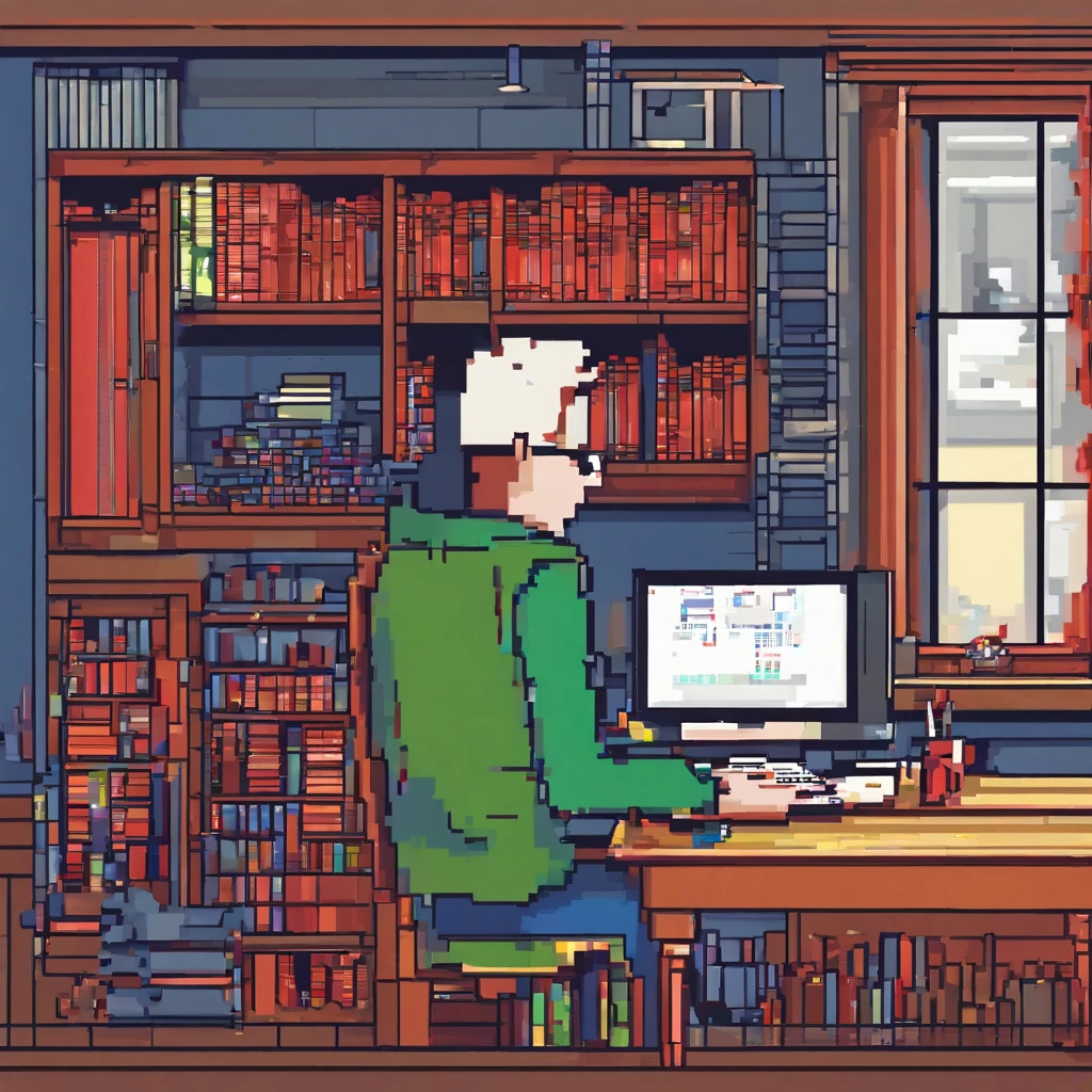 Cute  working in front of computer，wears glasses，Blue, Red, Pink，Sit in your room，One guy，Lots of books and bookshelves in the room，There are windows，The side view shows the side face clearly