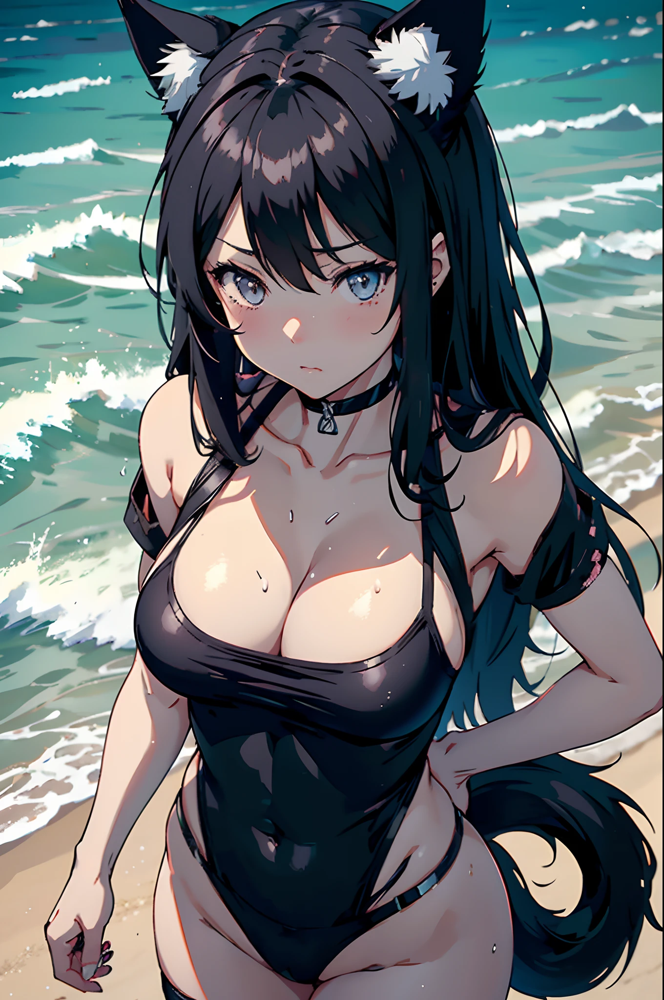 Anime girl with cat ears and a black top with a white cat's tail, Abs, 2 b, 2b, Sweat press, from girls frontline, badass anime 8 k, kantai collection style, Photos of A-1, fluffy chest, at a beach, at a beach, attractive anime girl, an anime girl, seductive anime girl, anime girl