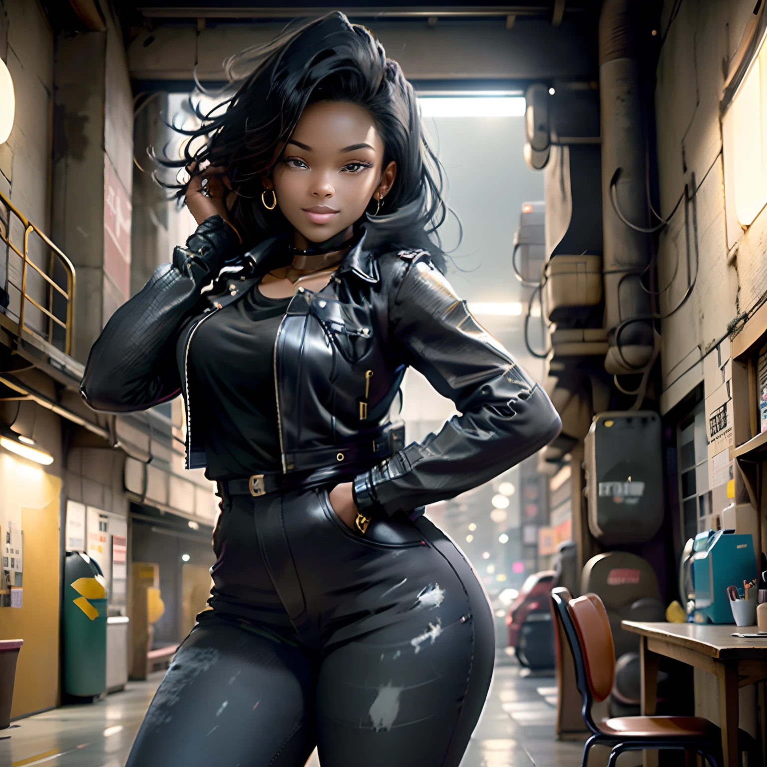 A portrait of a curvy young black woman with long, flowing hair. She has kind eyes and a warm smile. She is wearing a simple yet elegant outfit - dark jeans and a leather jacket, with a delicate choker necklace. Her pose is relaxed and natural as she is captured mid-laugh. The background is a vibrant cityscape at night. Neon lights reflect off her hair and jacket. The composition celebrates her beauty, confidence and humanity. It is an uplifting scene rendered in a photorealistic style with vivid colors and lighting. The overall mood is joyful, stylish and empowering.