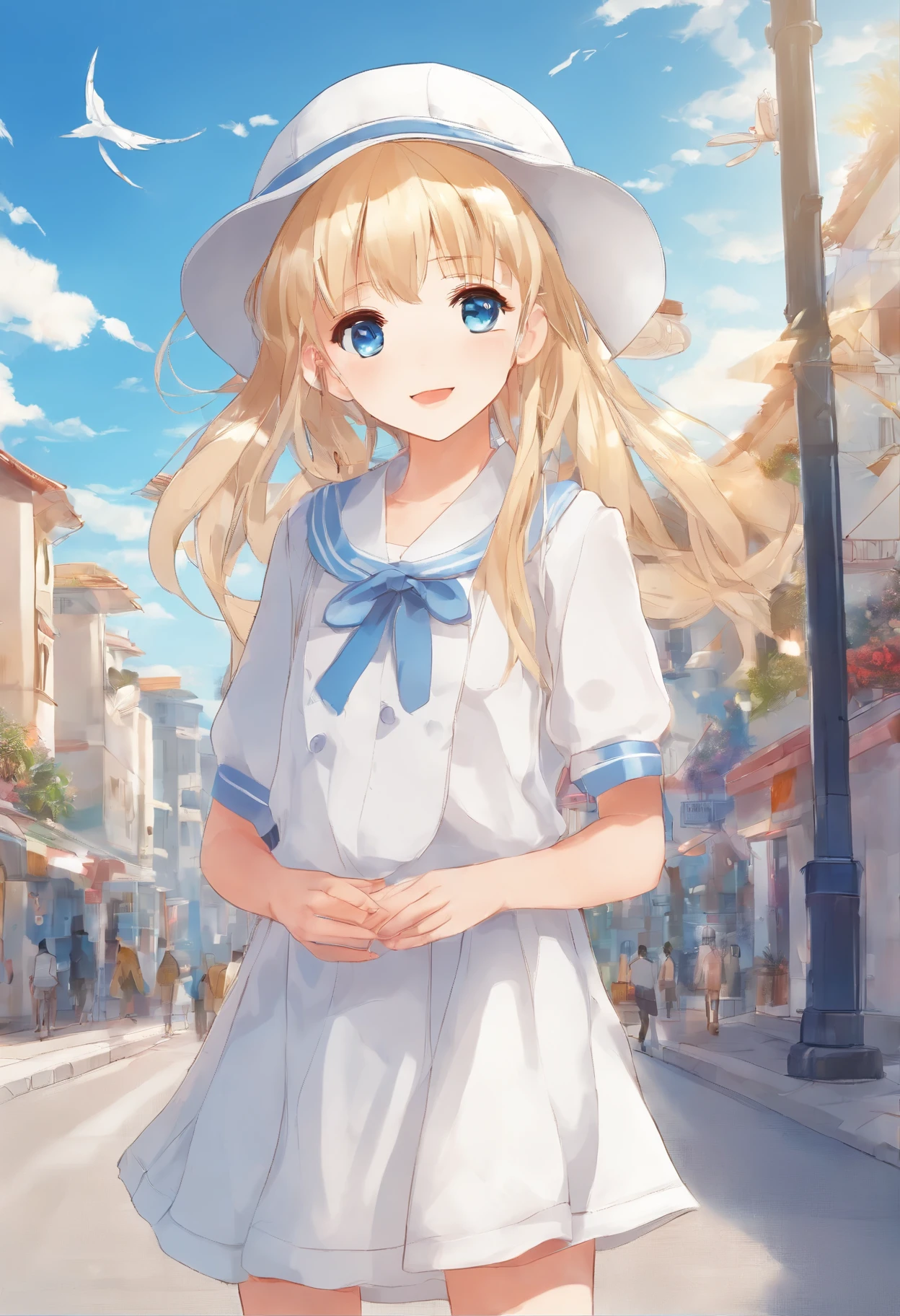 Cute little girl standing on the street in Mediterranean port city,Wind,pale blond hair, Blue eyes,very long twintails,White Dress,White hat,Blue sky,Laugh,double tooth,Closed eyes,Looking at Viewer,Lens Flare,Dramatic, Coastal