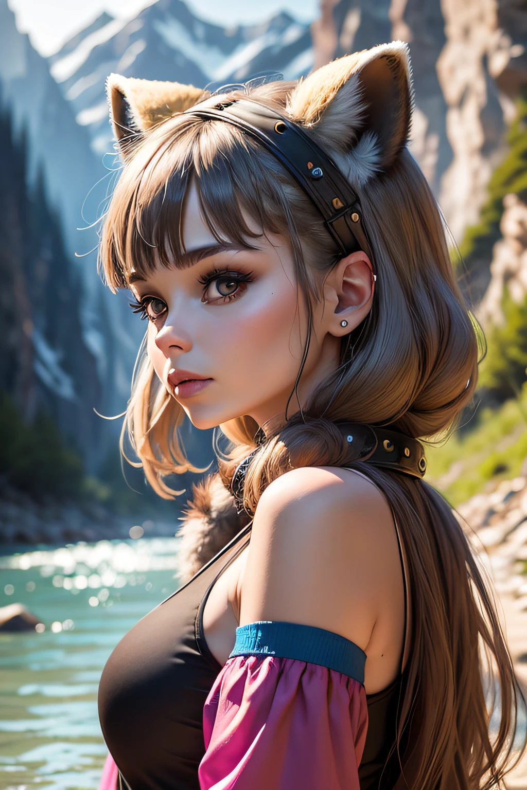 Groovy Russian 40 year old female raccoon face and ears, with human body, 3/4 profile portrait, modern fashionable style. funky wild 2023 accessories. etc. blurry summer mountain river background