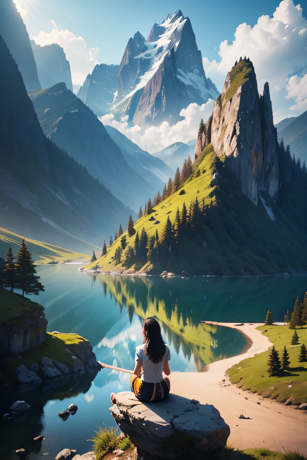 there is a girl sitting on a rock looking at a lake, with backdrop of god rays, with the sun shining on it, uttarakhand, with radiating hill,, some sunlight ray, sun streaming in, breathtaking shot, standing under a beam of light, photography, cyberpunk, 8k, 3d