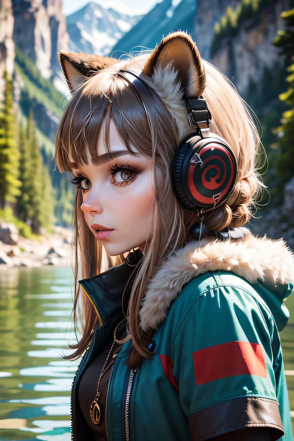 Groovy Russian 40 year old female raccoon face and ears, with human body, 3/4 profile portrait, modern fashionable style. funky wild 2023 accessories. etc. blurry summer mountain river background