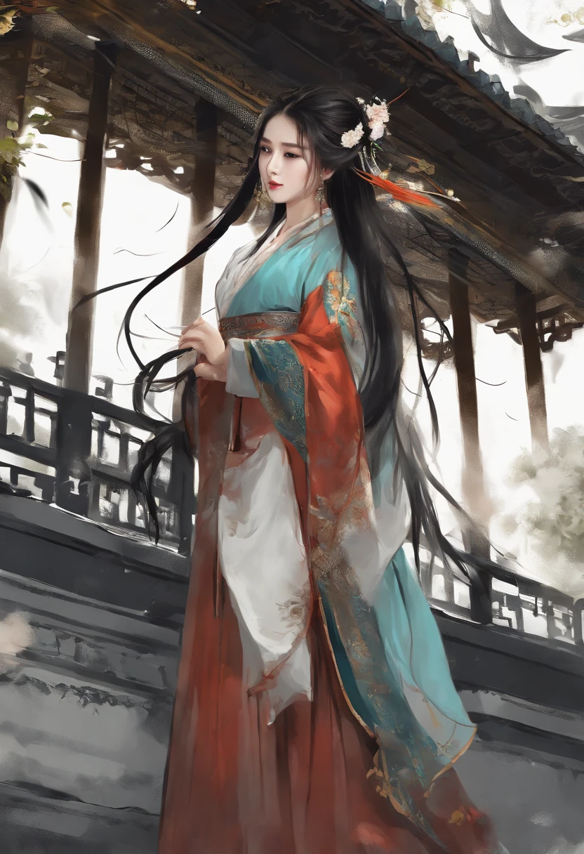 dramatic angle,(fluttered detailed ink splashs), (illustration),(((1 girl))),(long hair),(rain:0.6),(expressionless ,hair ornament:1.4),there is an ancient palace beside the girl,chinese clothes,(focus on), color Ink wash painting,(ink splashing),color splashing,((colorful)),[sketch], Masterpiece,best quality, beautifully painted,highly detailed,(denoising:0.7),[splash ink],yin yang, (the most beautiful art in the world:1.2)