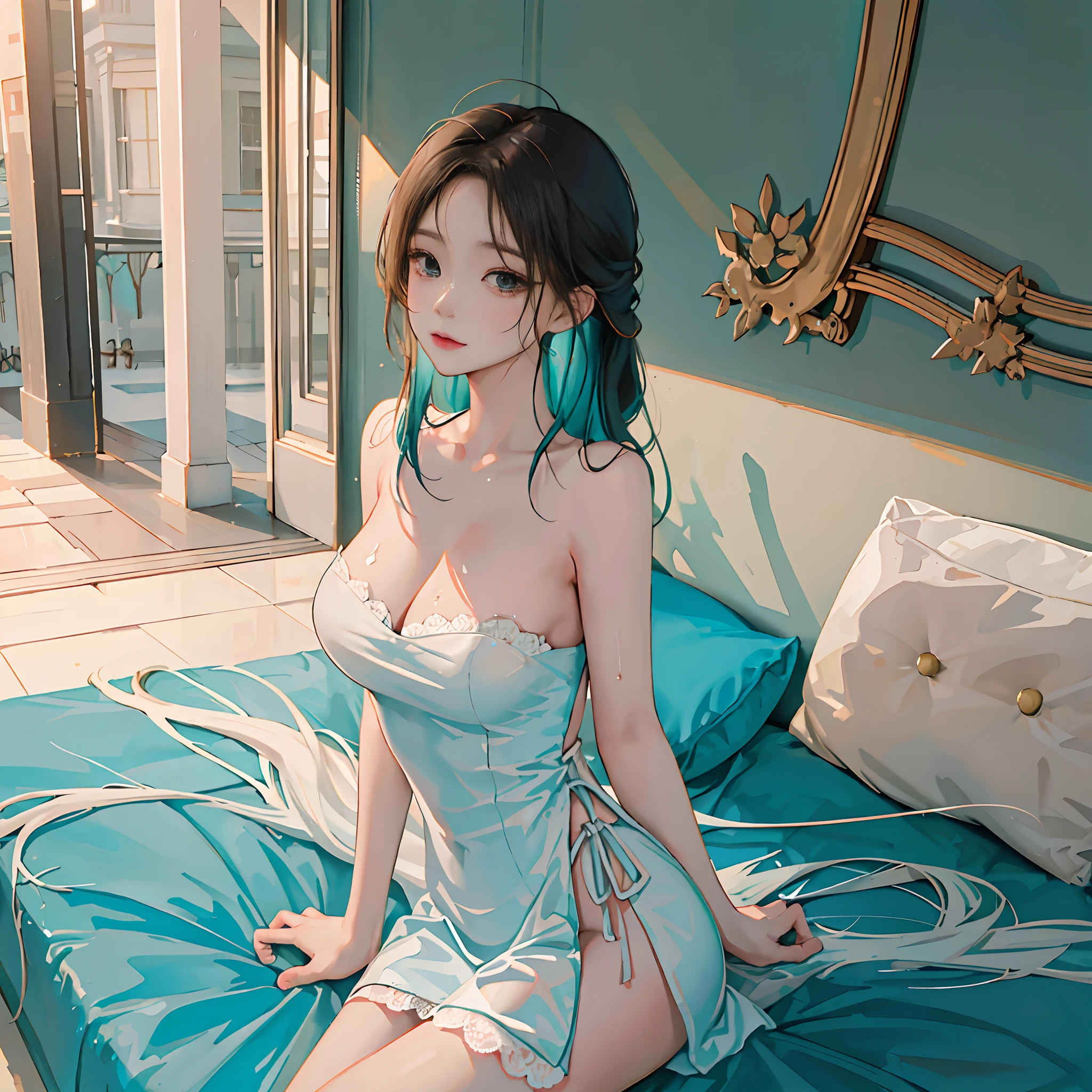 (best qualtiy), (tmasterpiece), (A high resolution), Original, Extremely detailed 8k wallpaper, (An extremely delicate), best qualtiy, tmasterpiece, 超A high resolution, (realisticlying:1.4), RAW photogr, Street photography, Photo of young girl in Taiwan, sweat leggs, Sweaty body, (Transparent fabric:1.35)(baggy:1.5)Lace strapless dress, (((immensity)Sagging breasts)), (Naked of breast), ((erected ))), ((areola of breast)), (Korea(K-pop idols)), ((puffy eye)), deep shading, low tune, cold light, Deep contrast, Bokeh, depth of fields, Angle below, low angles, (looking at viewert, Smiling softly), Photos inside the bedroom, neoism, background crowds, the person in the background, ((The upper part of the body)), ((Straight Photos)), exposure blend, Medium beat, Bokeh, (hdr:1.4), hight contrast, (cinematic ligh、Teal and orange:0.85), (pastelcolor, soothing tones:1.3), low-saturation, (ultra - detailed:1.2), (NSFW:1.1),