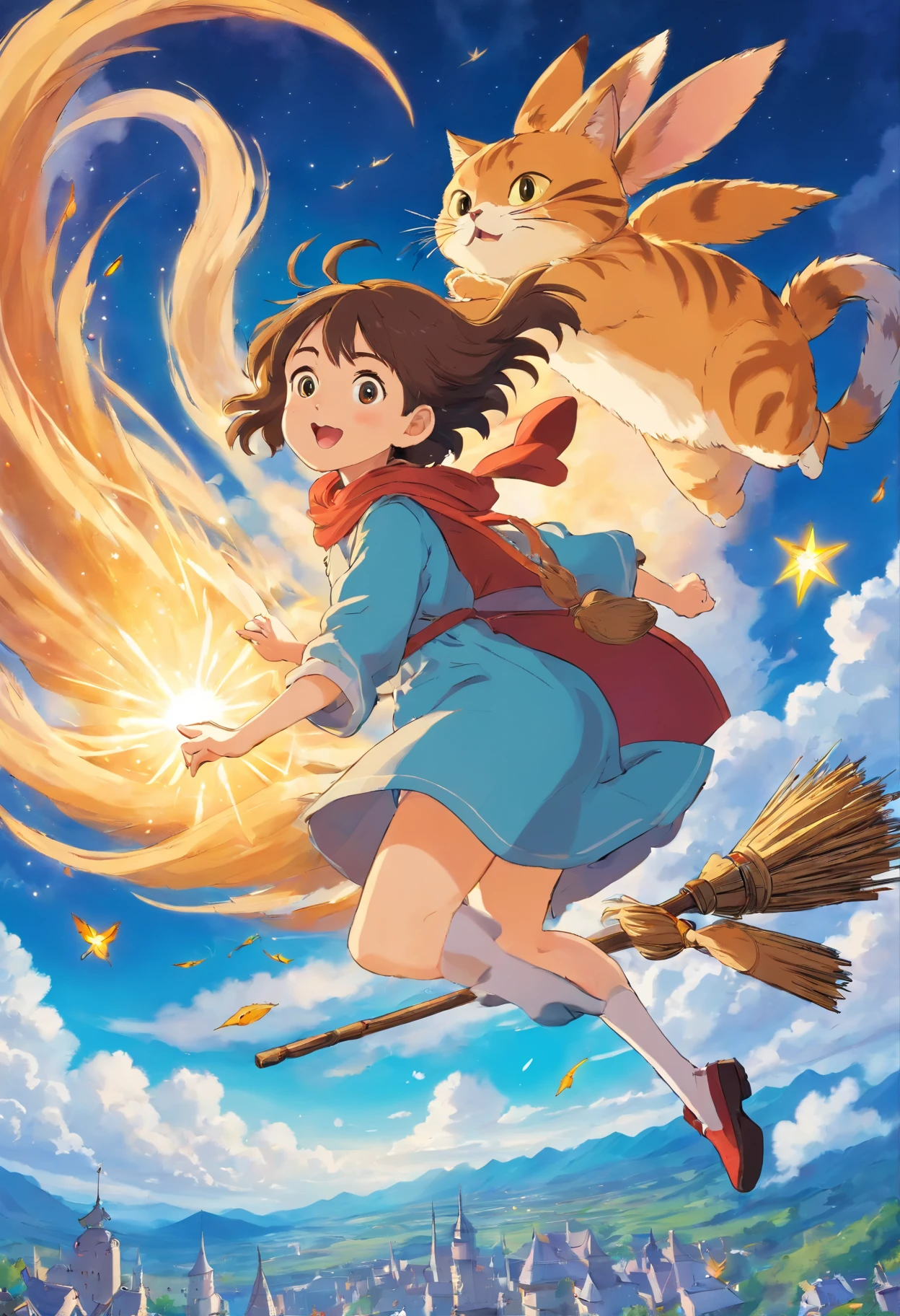 Girl flying in the sky on a broom、Cat chasing after