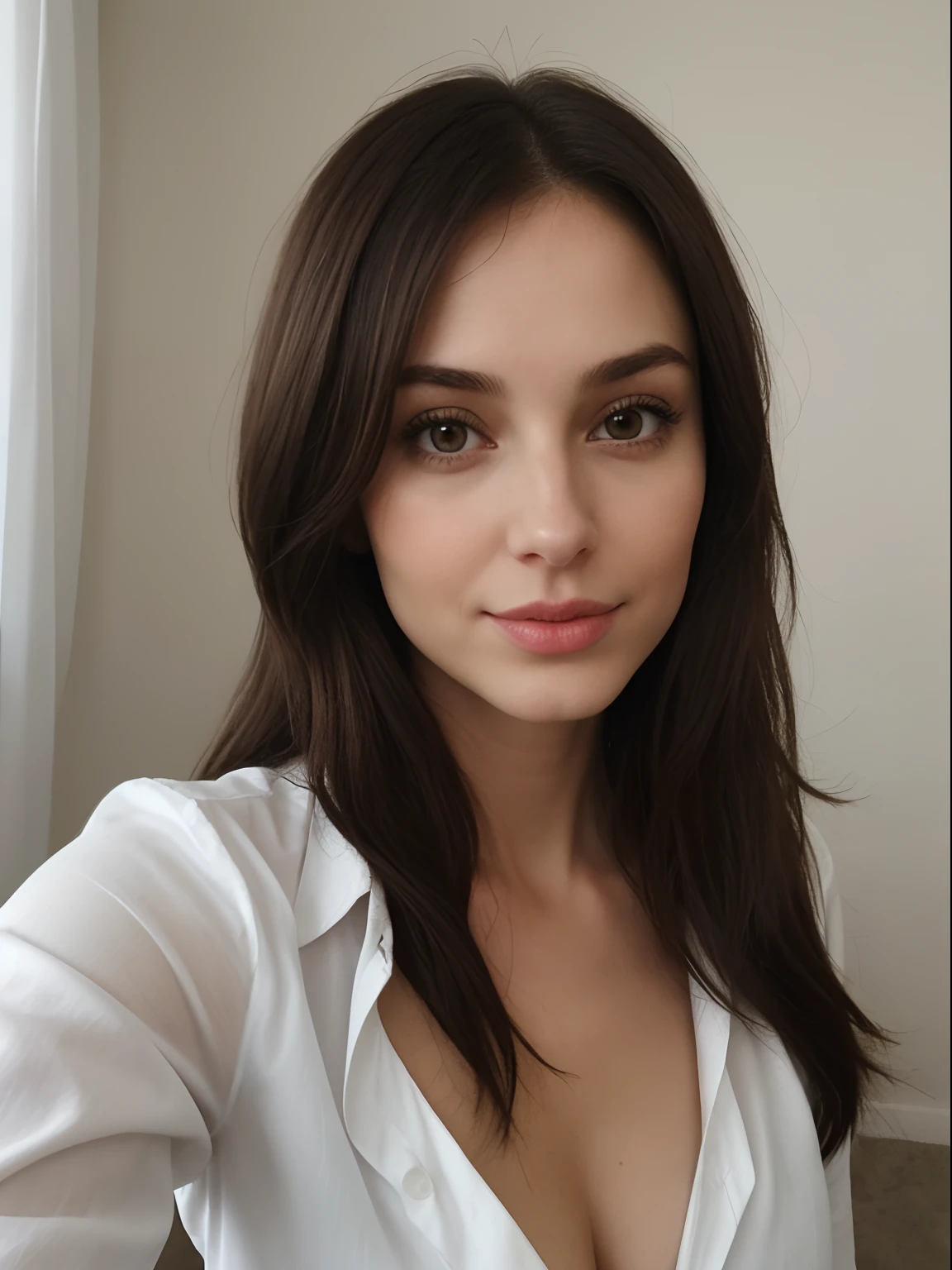 brunette 29 year old woman white shirt no bra selfie, duckface, kiss face