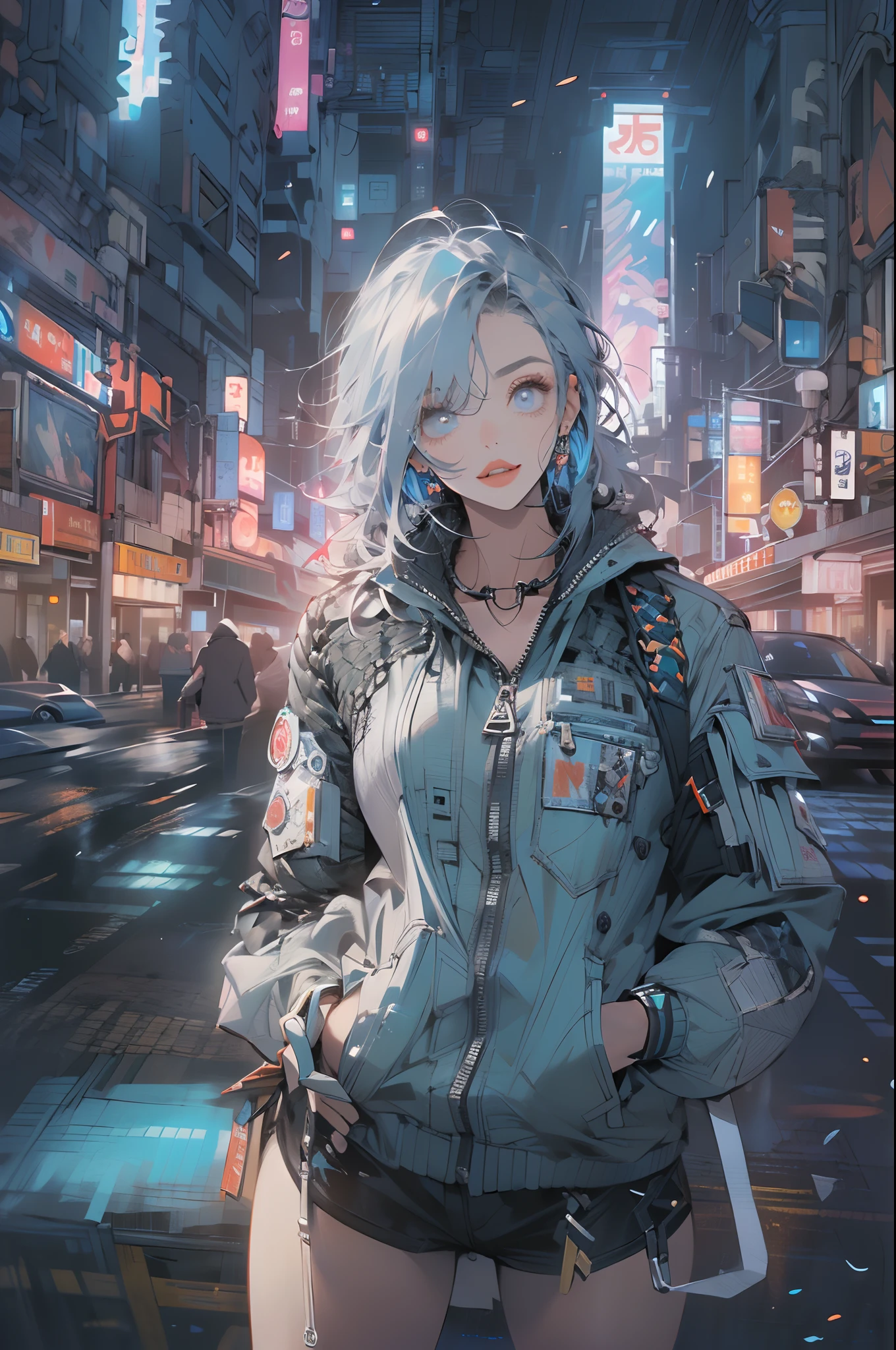 (8K、top-quality: 1.4、tmasterpiece、 hyper HD、 Top resolution、The is very detailed、 profesional lighting、Perspective from above、Detailed street view illuminated by neon lights (Cyberpunk:1.4) Big City、Towering buildings、Futuristic technology、NFFSW (HighDynamicRange)、garret、Architectural Yang Music、Fluttering hair、Beautuful Women、a small face、Turquoise eyes、hason、25 age old、Bright smile、half-open mouth、White teeth are visible、Redlip、Thick lip、realistic nose、Three-dimensional lips、二重まぶた、photorealistic eye、A detailed eye、(Asymmetrical bangs、Gray hair color、woven、blue mesh、hair on one eye、Disheveled hair)、(Ultra-thin cargo、military jacket、Parka、Hand gloves、Long boots)、(Fine fingers、detailed arms、human hand)、(Detailed face)、The nose and cheeks are a little red on the head、White bright highlights on the nose and lips,,、