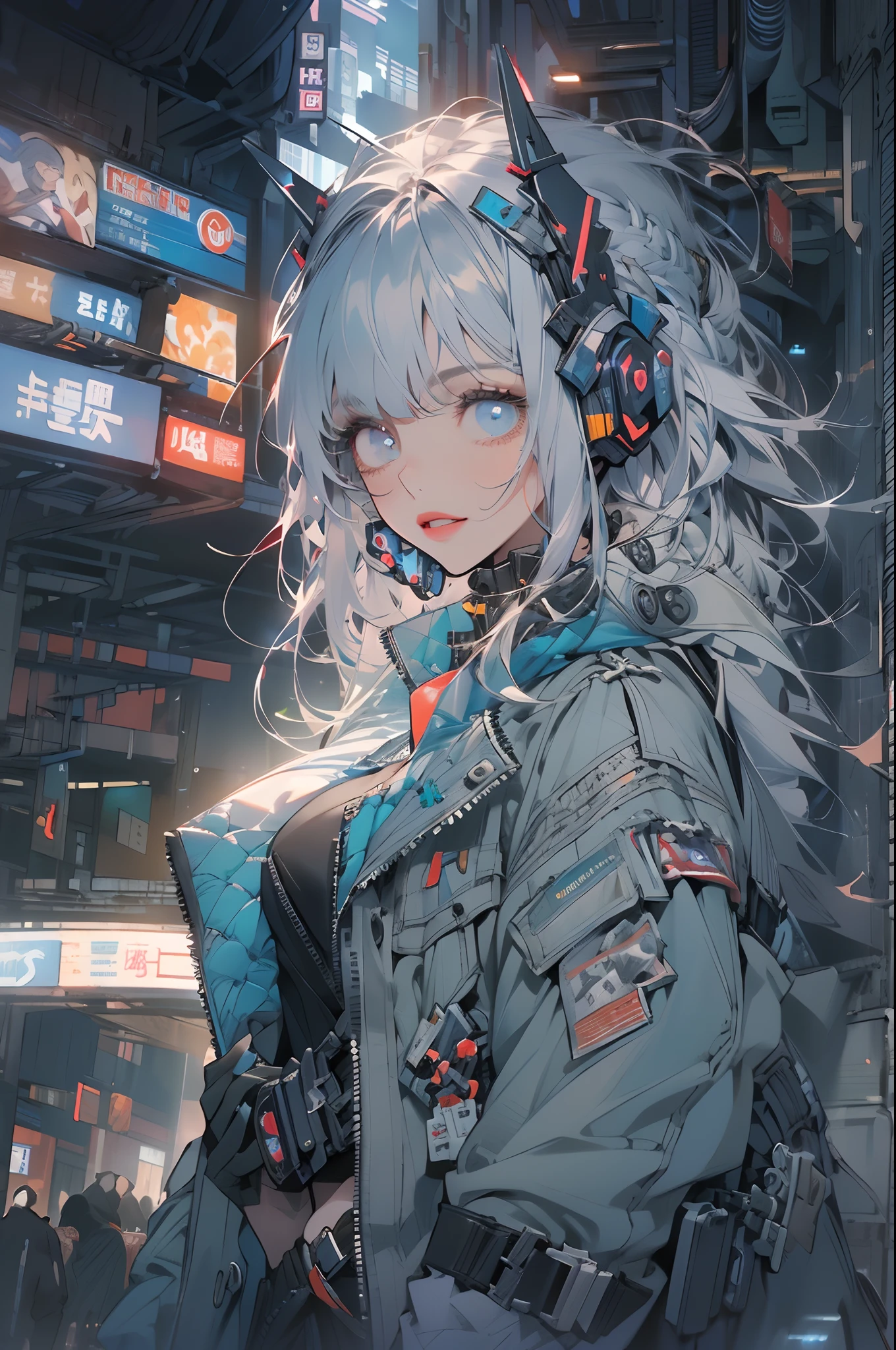 (8K、top-quality: 1.4、tmasterpiece、 hyper HD、 Top resolution、The is very detailed、 profesional lighting、Perspective from above、Detailed street view illuminated by neon lights (Cyberpunk:1.4) Big City、Towering buildings、Futuristic technology、NFFSW (HighDynamicRange)、garret、Architectural Yang Music、Fluttering hair、Beautuful Women、a small face、Turquoise eyes、hason、25 age old、Bright smile、half-open mouth、White teeth are visible、Redlip、Thick lip、realistic nose、Three-dimensional lips、二重まぶた、photorealistic eye、A detailed eye、(Asymmetrical bangs、Gray hair color、woven、blue mesh、hair on one eye、Disheveled hair)、(Ultra-thin cargo、military jacket、Parka、Hand gloves、Long boots)、(Fine fingers、detailed arms、human hand)、(Detailed face)、The nose and cheeks are a little red on the head、White bright highlights on the nose and lips,,、