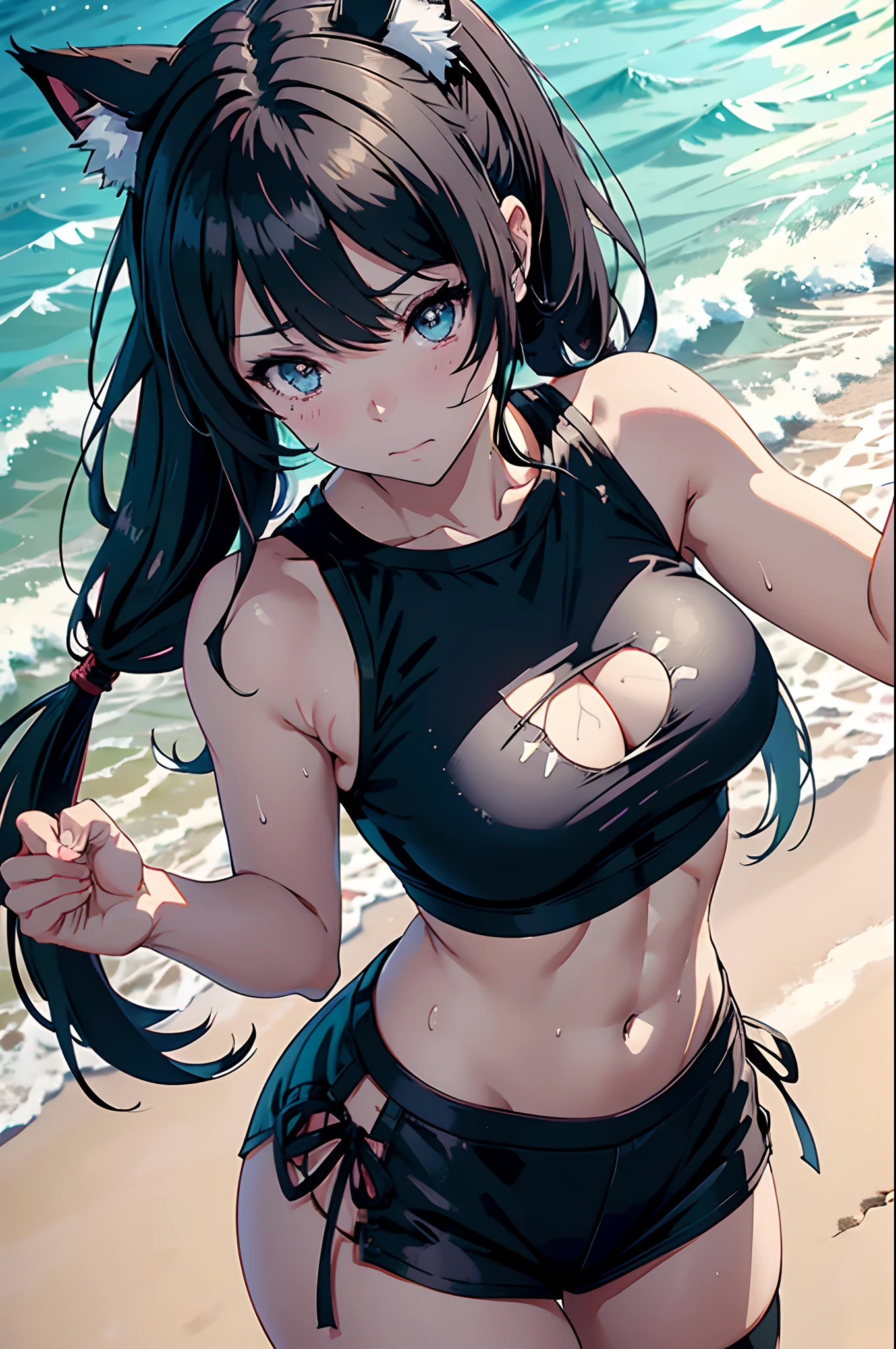 Anime girl with cat ears and a black top with a white cat's tail, Abs, 2 b, 2b, Sweat press, from girls frontline, badass anime 8 k, kantai collection style, Photos of A-1, fluffy chest, at a beach, at a beach, attractive anime girl, an anime girl, seductive anime girl, anime girl