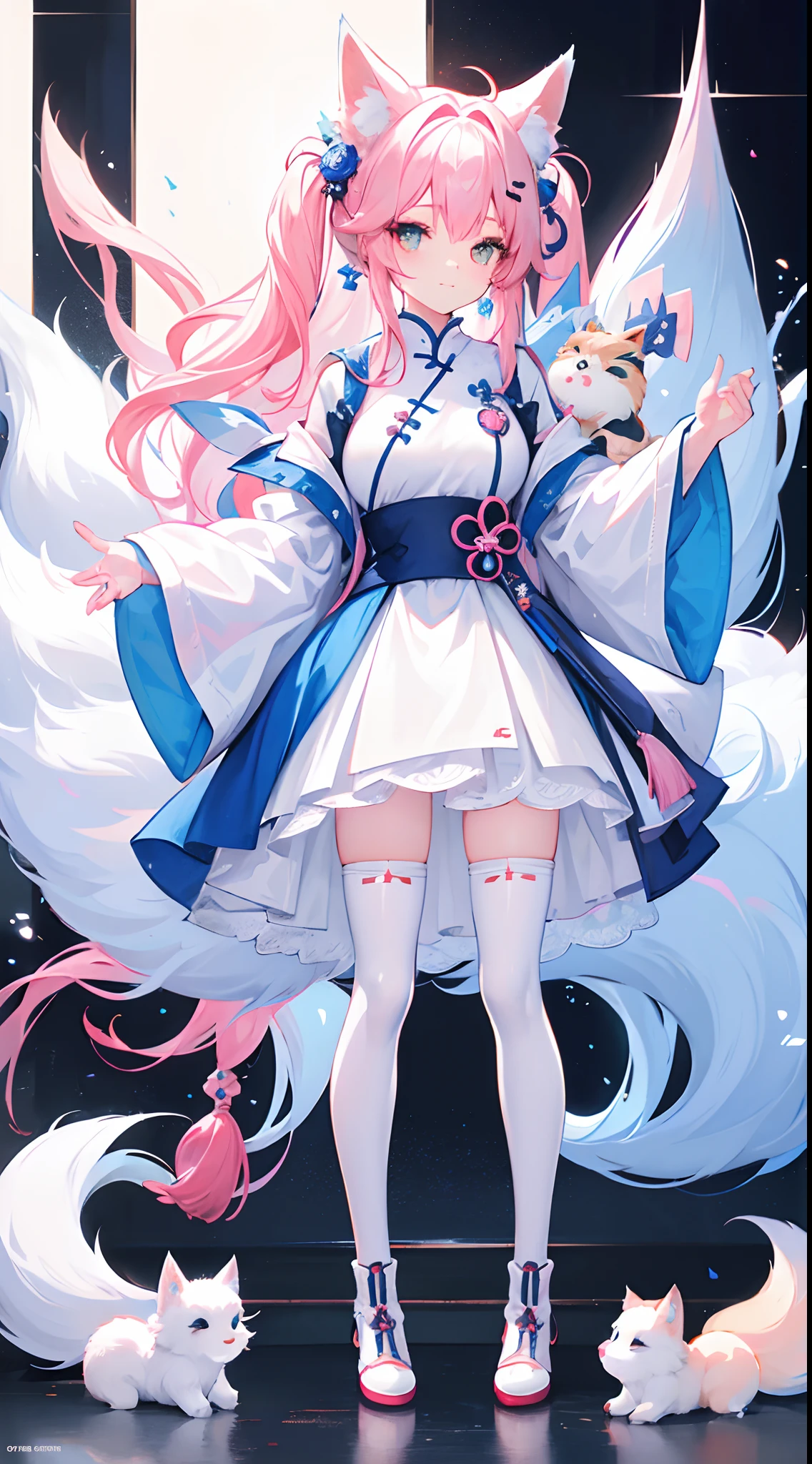 Fox royal sister,fox ear,Fox big tail,Blue tail,A pink-haired,League of Legends character A Tanuki,Big white fox on the back,Yin-Yang Technique,Open the cheongsam high,Long boots,white stockings,A high resolution,the detail,Standing painting