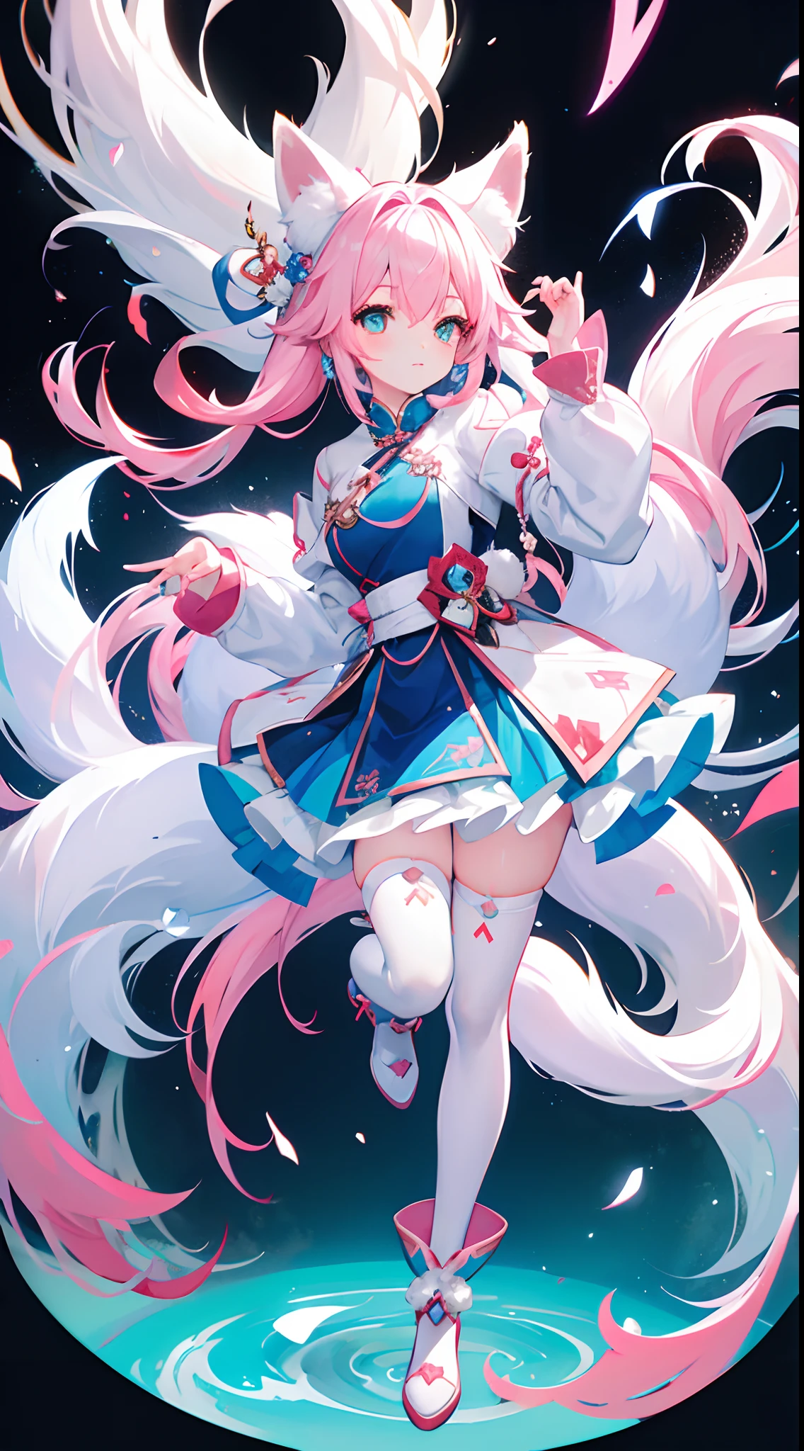 Fox royal sister,fox ear,Fox big tail,Blue tail,A pink-haired,League of Legends character A Tanuki,Big white fox on the back,Yin-Yang Technique,Open the cheongsam high,Long boots,white stockings,A high resolution,the detail,Standing painting