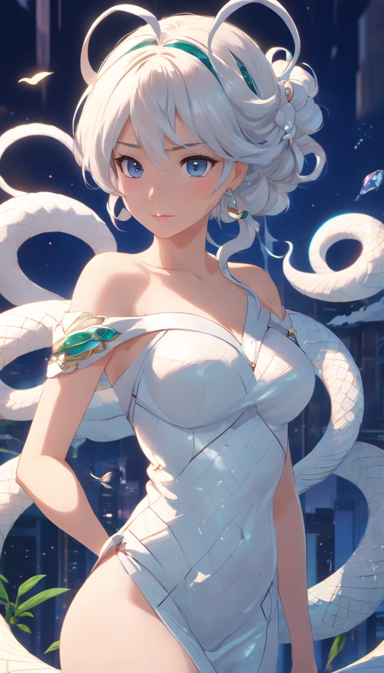 Pixar style super cute anthropomorphic white snake, Large breasts,cleavage,Off-the-shoulder attire,Dai Han costume and crystal crown, standing, Charming big eyes, Cute tail, standing, Surreal, Super fine, Luxurious, Graceful standing, Charming big eyes, Cute tail, standing, Surreal, Super detailed, Luxurious, elegant, complex, Gorgeous, illusory engine, Octane rendering, 8K, Frey surrealism