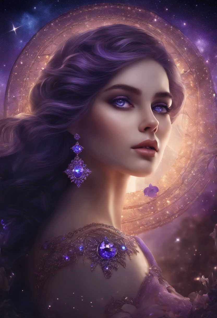 Masterpiece, Best quality, Ultra-detailed, illustration, , , 1fille,seulement, Image body, fleur, Regarder le spectateur, , , yeux violets, Jewel-like eyes, extremely detailed eyes, extremely detailed face,, , star (ciel), constellation, Purple energy, rampe, meteor