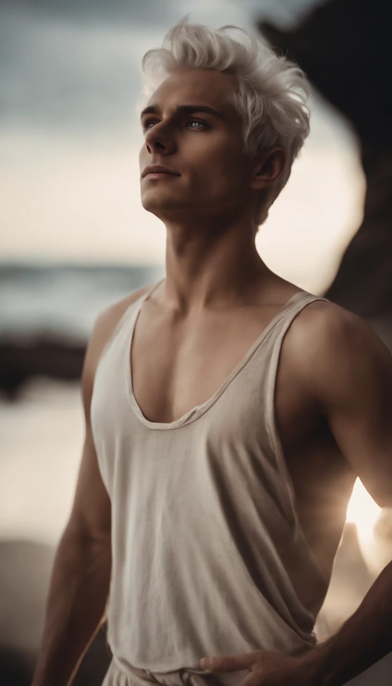 Generate a majestic image of a young male like a gods, surrounded by an aura of power and grace, white hair, short hair, shirtless, slim body ,emanating wisdom and strength around you , powerful