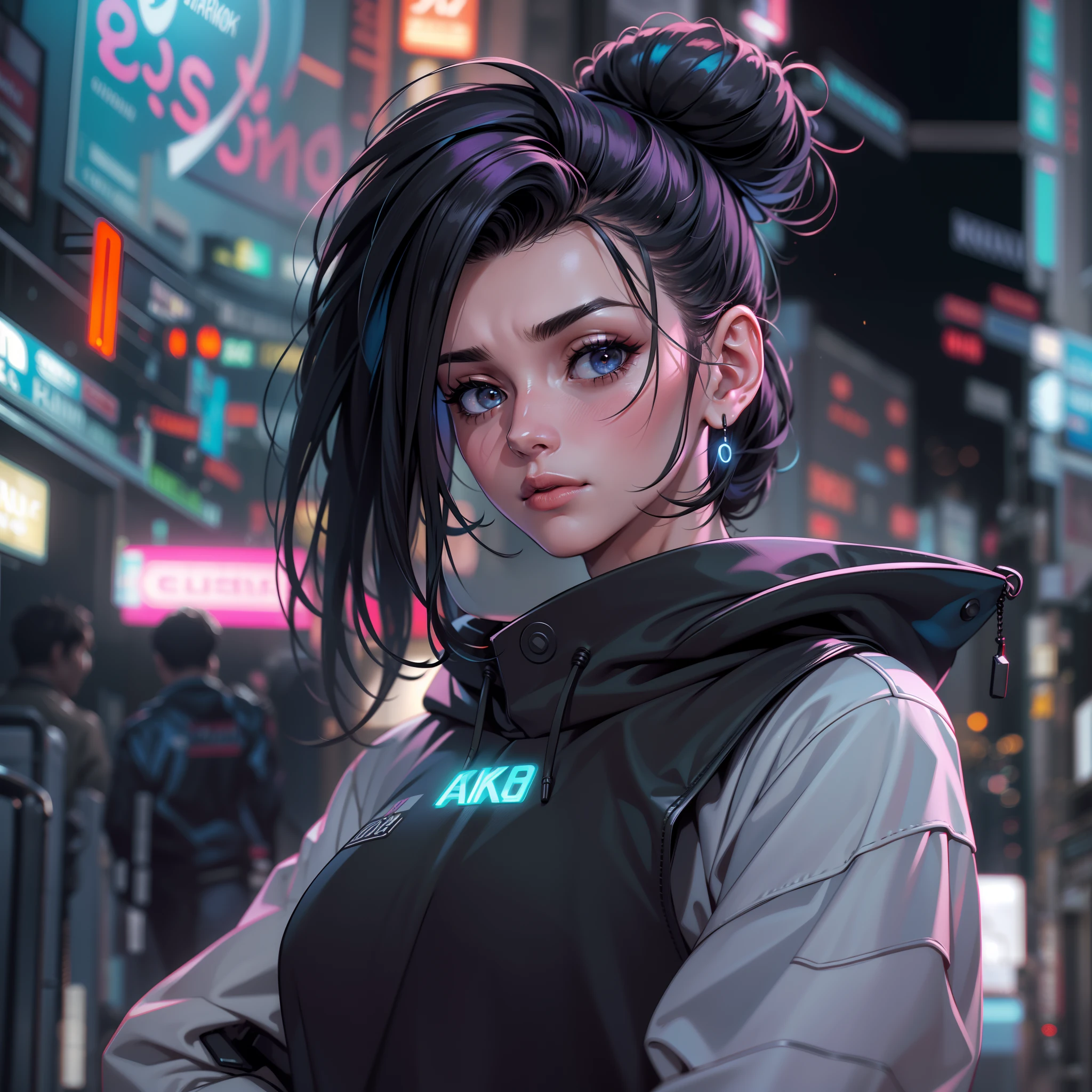 (8k, best quality, masterpiece:1.2), (realistic, photo-realistic:1.37), ultra-detailed,best quality, ultra high res, professional lighting, neon lighting, photon mapping, cinematic lighting, depth of field, sharp focus, good composition, (adult rough (male:1.5) character portrait), close up shot, round frame shape, (closed mouth), wearing hoody, cyber augments, cyberpunk theme, neon city background, HI-TECH,  black hair, messy hair, samurai hair bun
