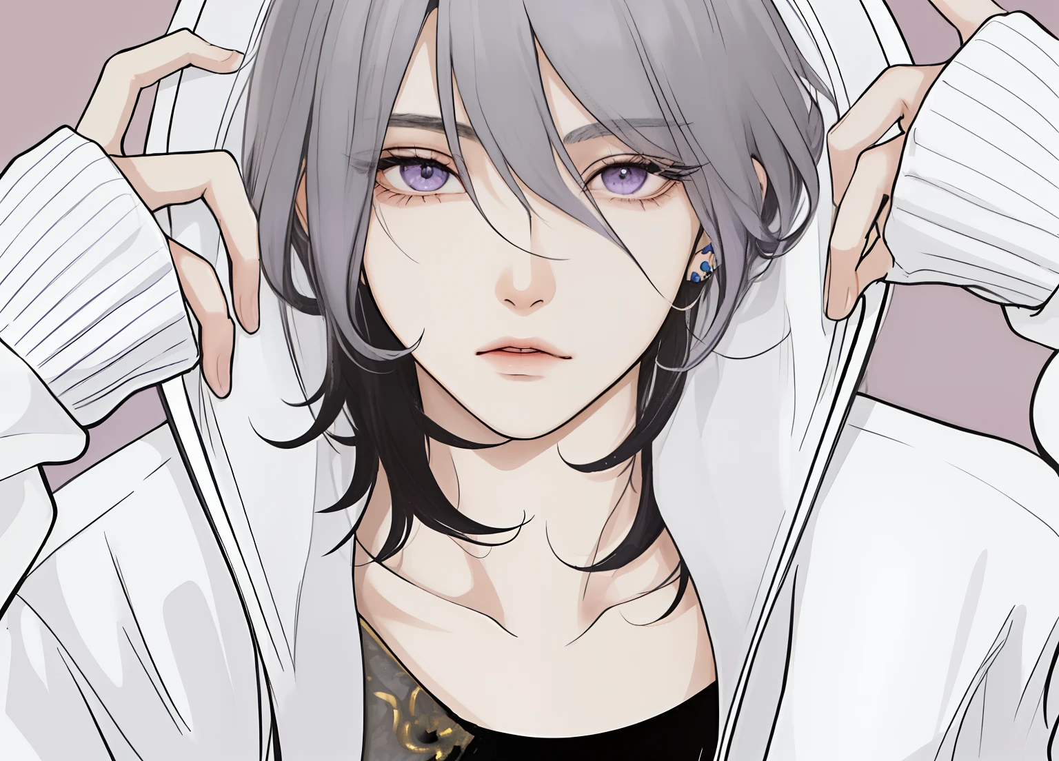 ojos amarillos, ((ojos dorados: 8.0)), ((mirada intensa)), ((disdain)), ((desprecio)), ((Expression of haughtiness and arrogance)), ((aires de superioridad: 8.0)), ((cabello blanco)), Piercings en las orejas, ((light purple gradient on the bottom of the hair)), ((rasgos faciales delicados)), ((androgynous)), ((joven hermoso)), joven, Cabello suave
