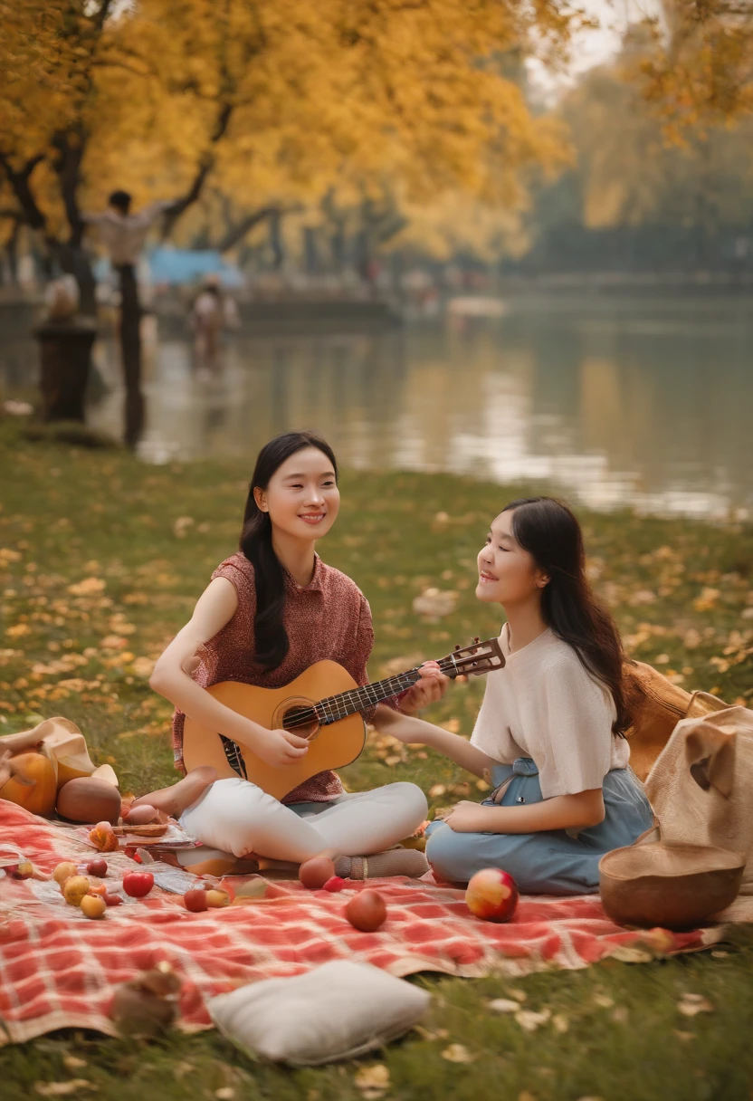year: 2023
country: China
description: In Yiwu Riverside Park in autumn, A group of friends get together for a picnic on a sunny day. They lie on whimsical patterned blankets, Everyone is engrossed in their own unique activity – one sketching in a notebook, The other plays the ukulele, And a third practice juggling colorful balls.