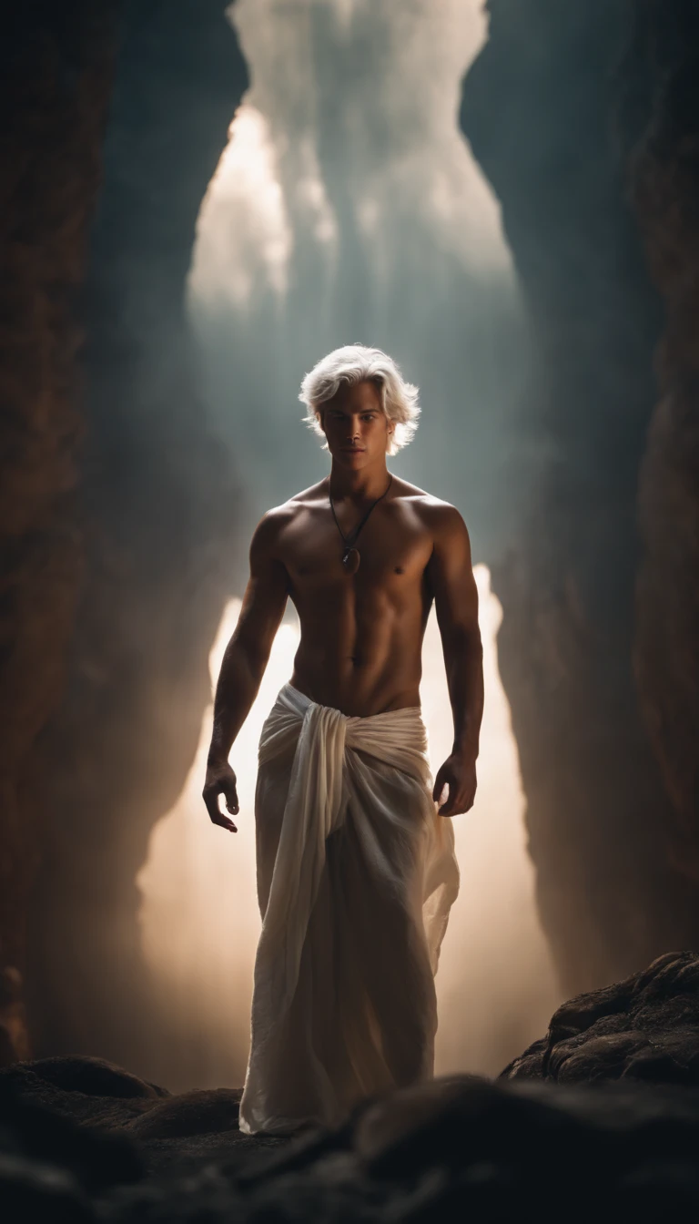 Generate a majestic image of a young male like a gods, surrounded by an aura of power and grace, white hair, short hair, shirtless, slim body ,emanating wisdom and strength around you , powerful