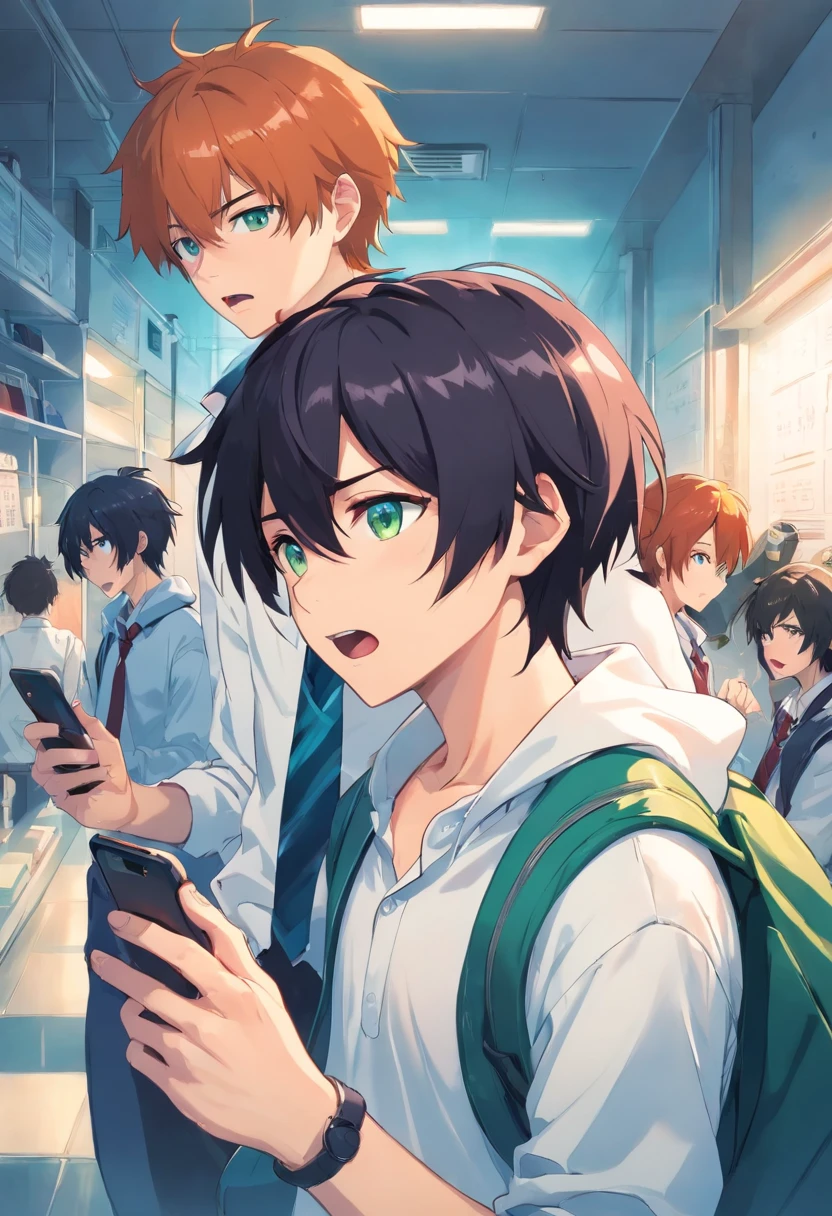 2boys, ?, anger vein, black hair, black necktie, blue eyes, cellphone, facial mark, green eyes, holding, holding phone, hood, hoodie, indoors, jacket, locker, male focus, multicolored hair, multiple boys, necktie, open mouth, orange hair, phone, red hair, school uniform, selfie, shirt, smartphone, spiked hair, white shirt