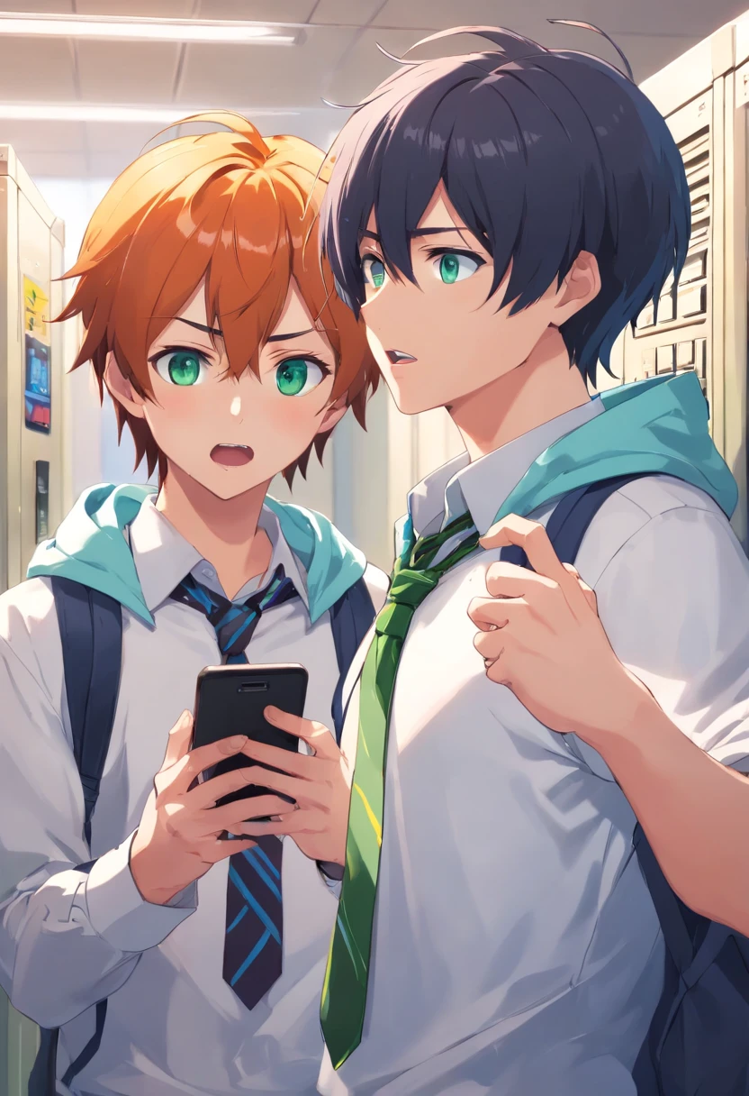 2boys, ?, anger vein, black hair, black necktie, blue eyes, cellphone, facial mark, green eyes, holding, holding phone, hood, hoodie, indoors, jacket, locker, male focus, multicolored hair, multiple boys, necktie, open mouth, orange hair, phone, red hair, school uniform, selfie, shirt, smartphone, spiked hair, white shirt