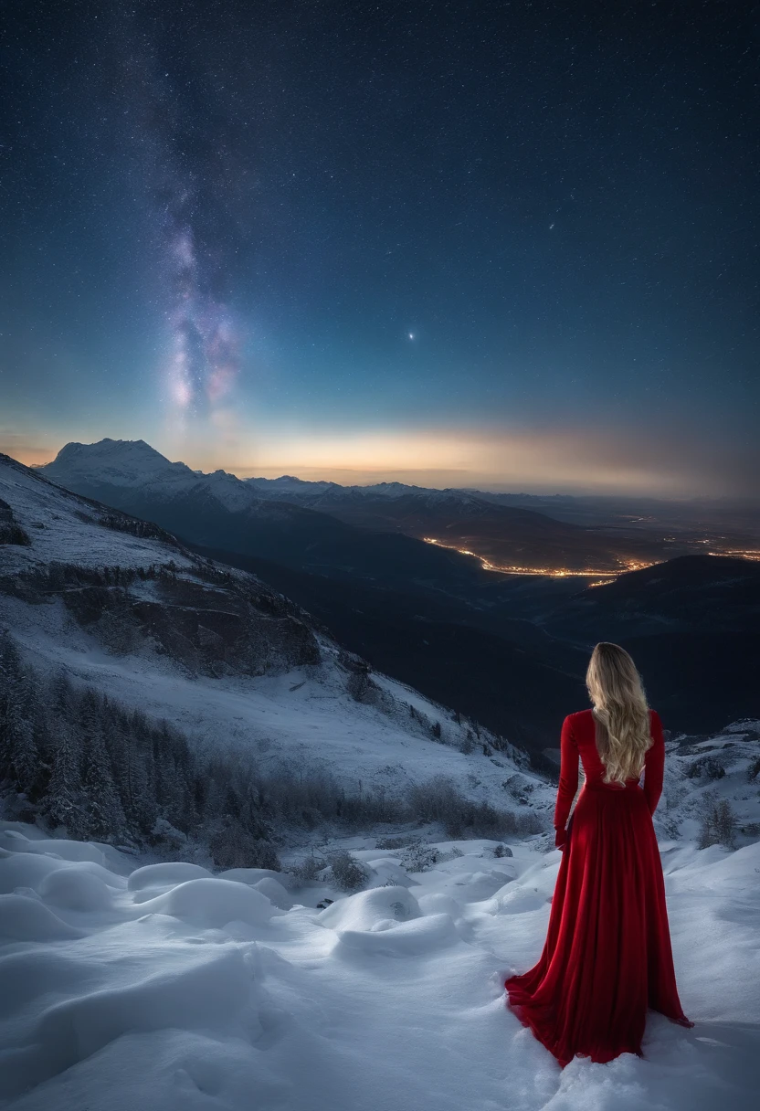 Atmospheric perspective, in a panoramic view, Lens flare, Sony FE GM, Ultra-wide angle, Masterpiece, Anatomically correct, Super detail, High quality, High details,Background: （Magnificent snow-capped mountains under the stars：1.5）, aurora, meteor shower, Woman in red dress costume，Back shadow，long whitr hair
