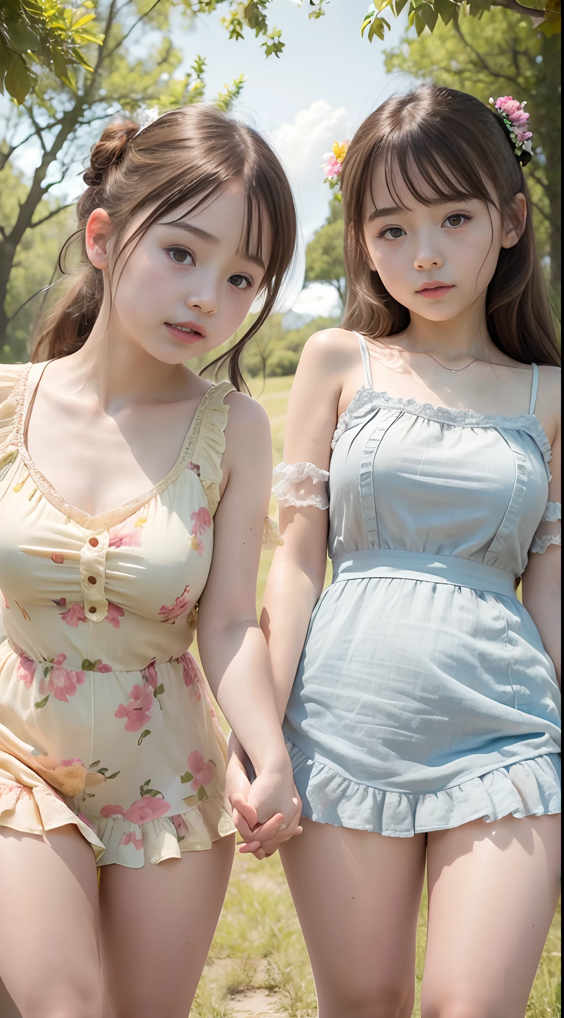 (2girls same age:1.2) , couple focus, frilled summerdress, adorable, yo, japanese girls, hair scrunchie, (smile:0.8), sunny day, standing, , twintails, (low contrast:1.1), (extremely detailed skin), (best quality:1.0), (ultra highres:1.0) ,(photo realistic:1.0), (ultra detailed:1.0), (8k, RAW photo:1.1)
