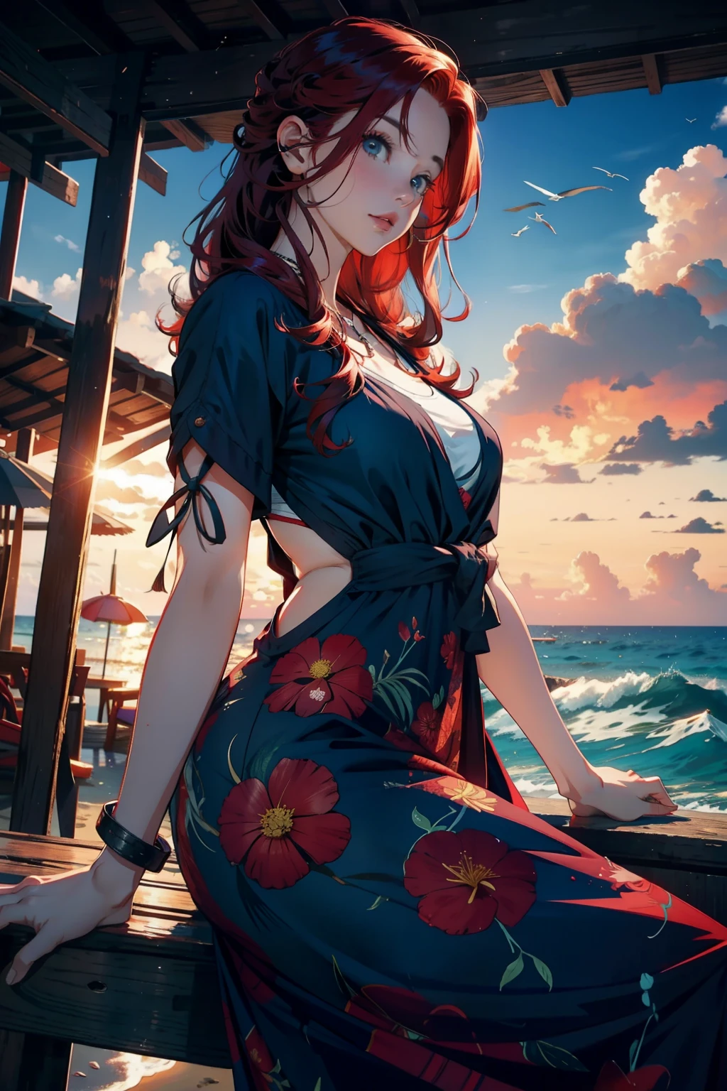 Red hair, ocean ,beach