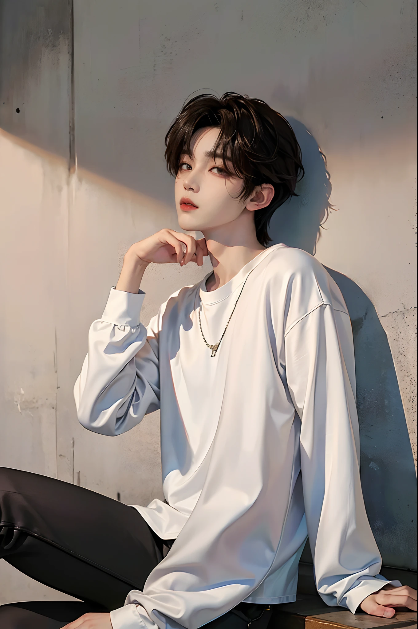 masterpiece、(top-quality)、((high-level image quality))、One Manly Boy、Slim body、((White Y-shirt and long black pants))、(Detailed beautiful eyes)、September Night Road、Sit on the curb with your back to the wall、Face similar to Chaewon in Ruseraphim、((short hair above the ears))、((Smaller face))、((Neutral face))、((Light brown eyes))、((Korean boy))、((18year old))、((Handsome man))、((Wild look))、((Korean Makeup))、((elongated and sharp eyes))、((Sit next to the viewer))、((shot from a side angle))、((The upper part of the body))、((Close-range shooting))