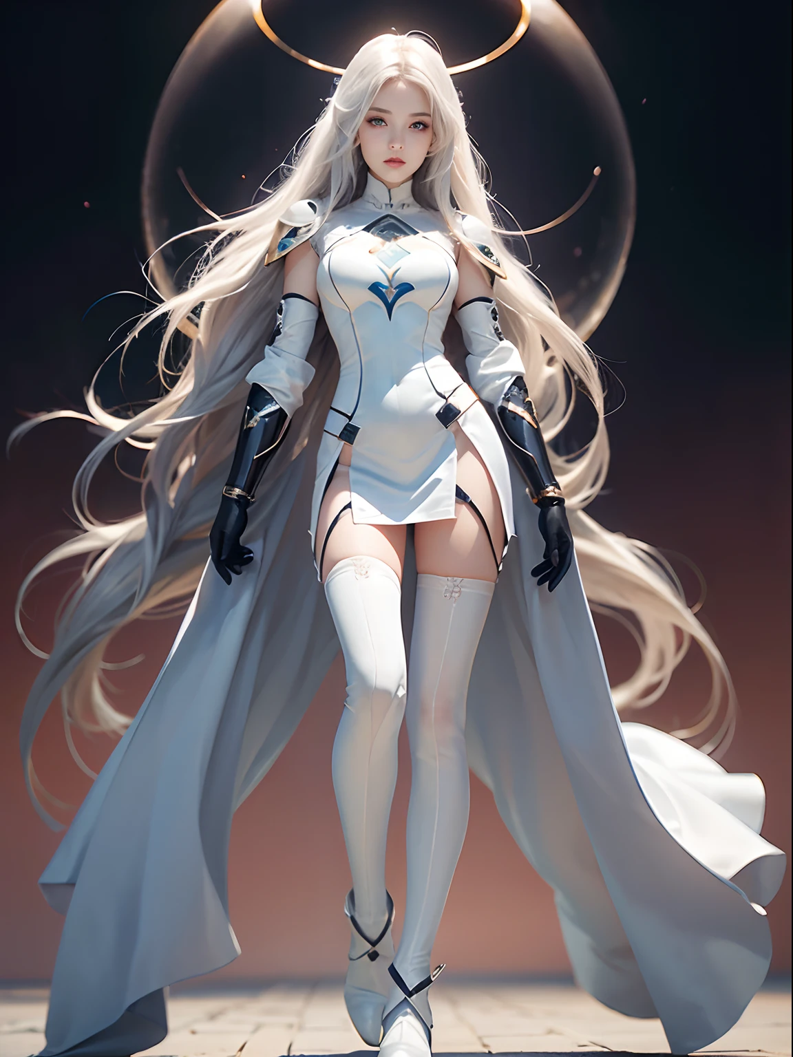 ((tmasterpiece:1.4,best qualtiy:1.2)), 1girll, Personal focus, Tall women, delicated face, stern expression, Very detailed anime face and eyes, Beautiful white armor, Hourglass characters, whaite hair, Gradient hair, Very long hair, red eyes, glowing light eyes, Mesh clothing on the face, attention-grabbing, Futuristic setting, white backgrounid, contours,blackstockings,Background blank,full bodyesbian,standing on your feet,head to toe