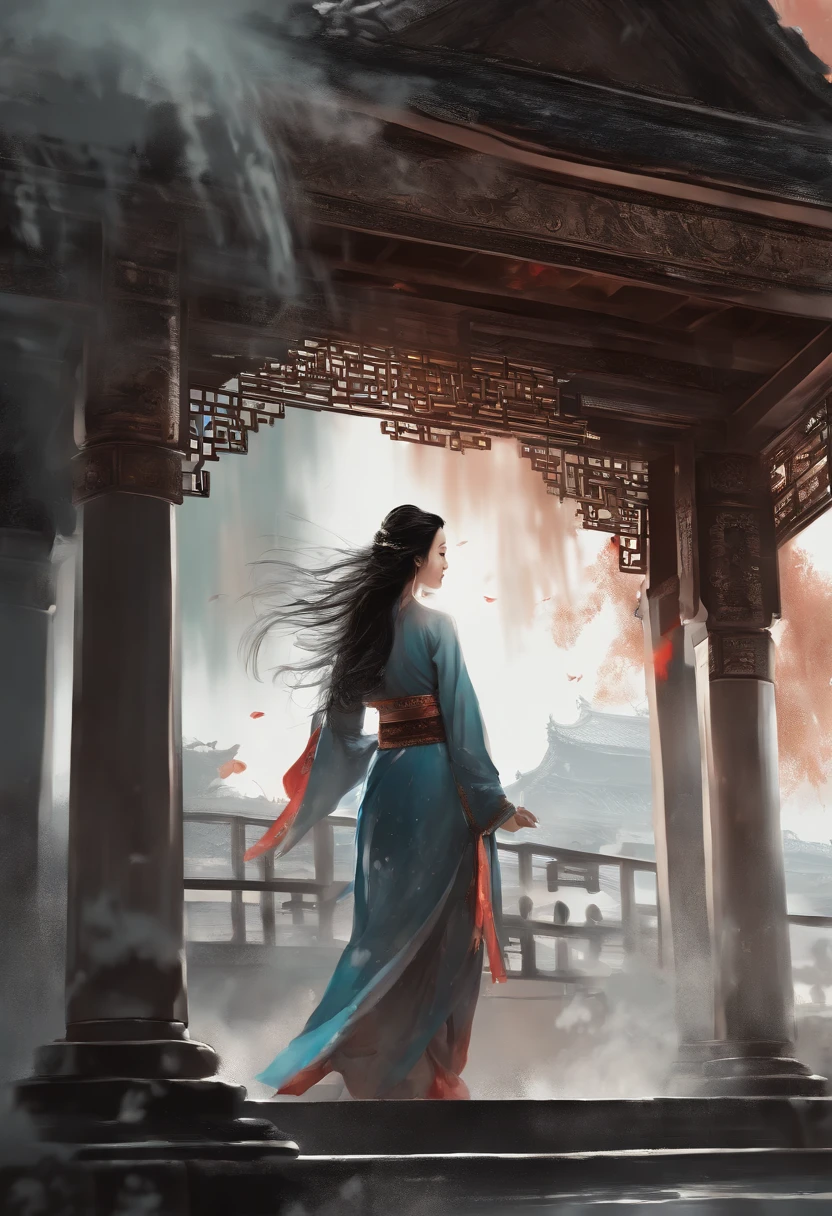 dramatic angle,(fluttered detailed ink splashs), (illustration),(((1 girl))),(long hair),(rain:0.6),(expressionless ,hair ornament:1.4),there is an ancient palace beside the girl,chinese clothes,(focus on), color Ink wash painting,(ink splashing),color splashing,((colorful)),[sketch], Masterpiece,best quality, beautifully painted,highly detailed,(denoising:0.7),[splash ink],yin yang, (the most beautiful art in the world:1.2)