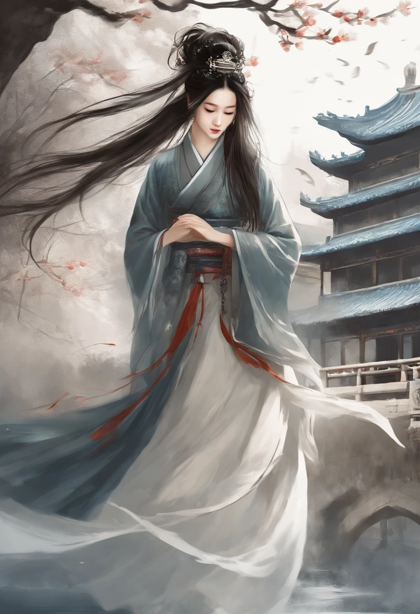 dramatic angle,(fluttered detailed ink splashs), (illustration),(((1 girl))),(long hair),(rain:0.6),(expressionless ,hair ornament:1.4),there is an ancient palace beside the girl,chinese clothes,(focus on), color Ink wash painting,(ink splashing),color splashing,((colorful)),[sketch], Masterpiece,best quality, beautifully painted,highly detailed,(denoising:0.7),[splash ink],yin yang, (the most beautiful art in the world:1.2)