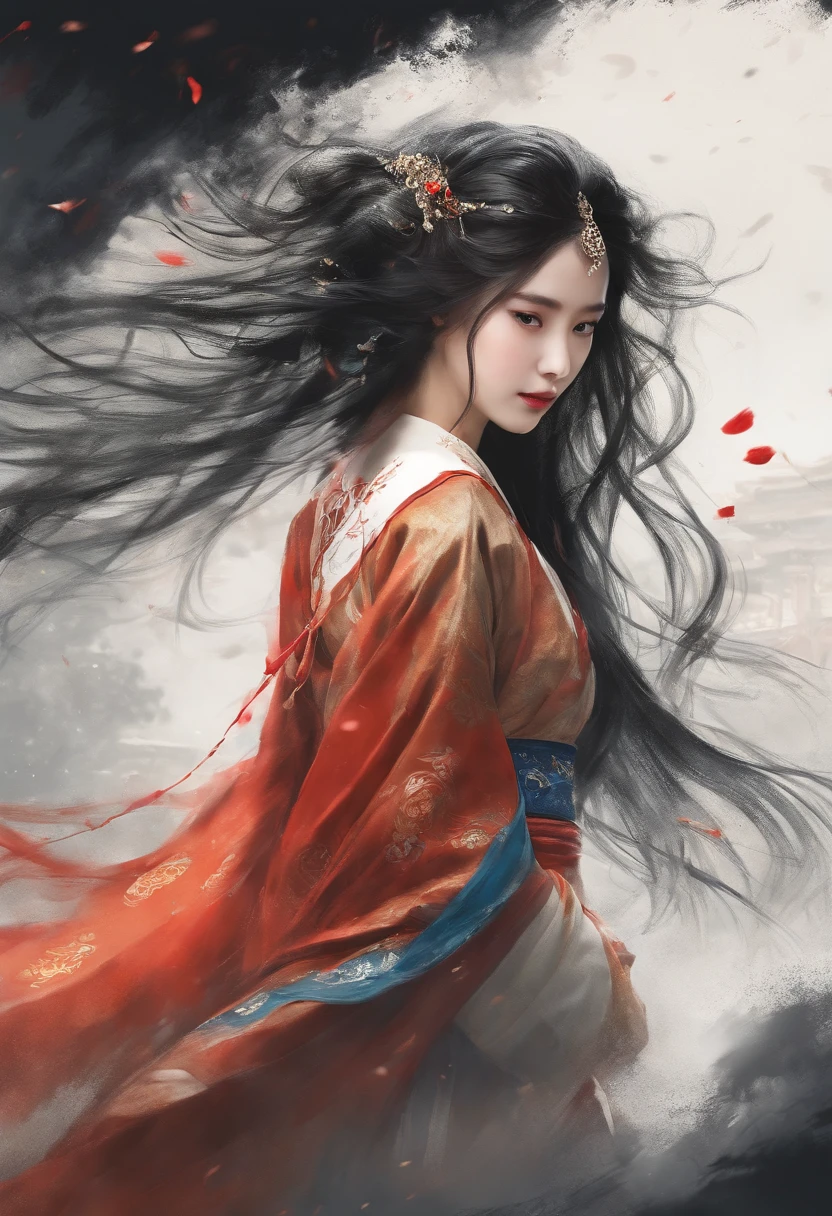 dramatic angle,(fluttered detailed ink splashs), (illustration),(((1 girl))),(long hair),(rain:0.6),(expressionless ,hair ornament:1.4),there is an ancient palace beside the girl,chinese clothes,(focus on), color Ink wash painting,(ink splashing),color splashing,((colorful)),[sketch], Masterpiece,best quality, beautifully painted,highly detailed,(denoising:0.7),[splash ink],yin yang, (the most beautiful art in the world:1.2)