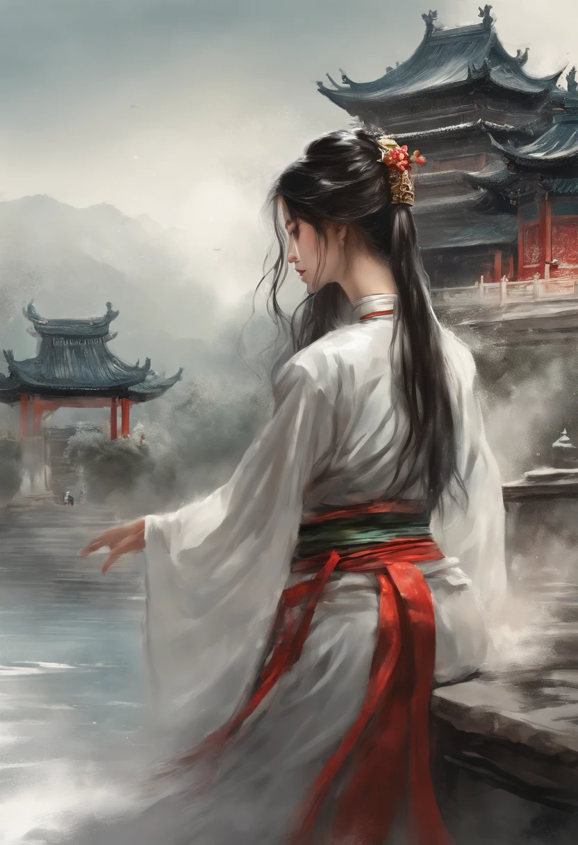 dramatic angle,(fluttered detailed ink splashs), (illustration),(((1 girl))),(long hair),(rain:0.6),(expressionless ,hair ornament:1.4),there is an ancient palace beside the girl,chinese clothes,(focus on), color Ink wash painting,(ink splashing),color splashing,((colorful)),[sketch], Masterpiece,best quality, beautifully painted,highly detailed,(denoising:0.7),[splash ink],yin yang, (the most beautiful art in the world:1.2)