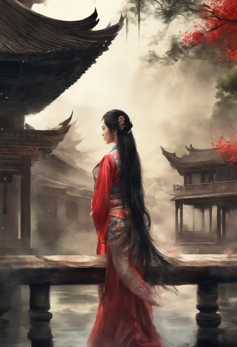 dramatic angle,(fluttered detailed ink splashs), (illustration),(((1 girl))),(long hair),(rain:0.6),(expressionless ,hair ornament:1.4),there is an ancient palace beside the girl,chinese clothes,(focus on), color Ink wash painting,(ink splashing),color splashing,((colorful)),[sketch], Masterpiece,best quality, beautifully painted,highly detailed,(denoising:0.7),[splash ink],yin yang, (the most beautiful art in the world:1.2)