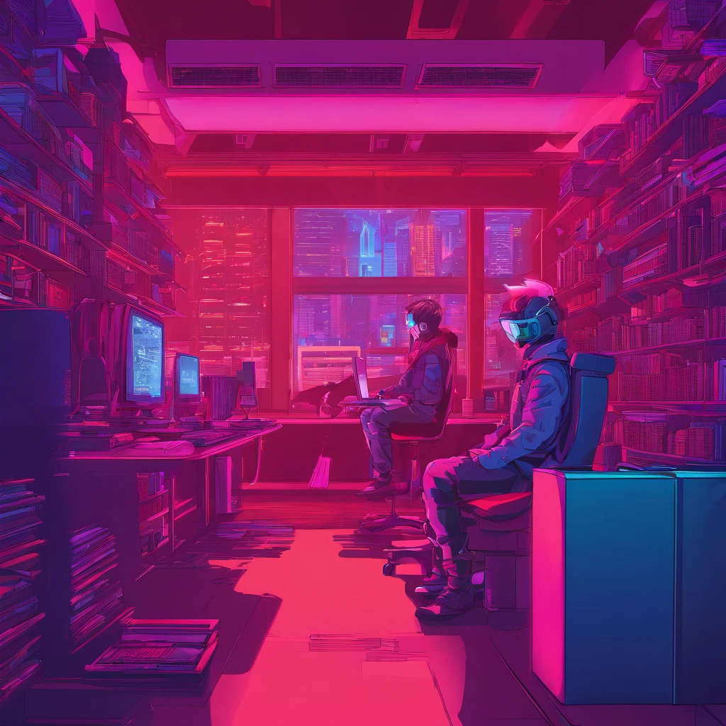Cute kids working in front of computer,wears glasses, Red, blue, pink, sit in your room,One guy,Lots of books and bookshelves in the room,Side view clearly shows the side face