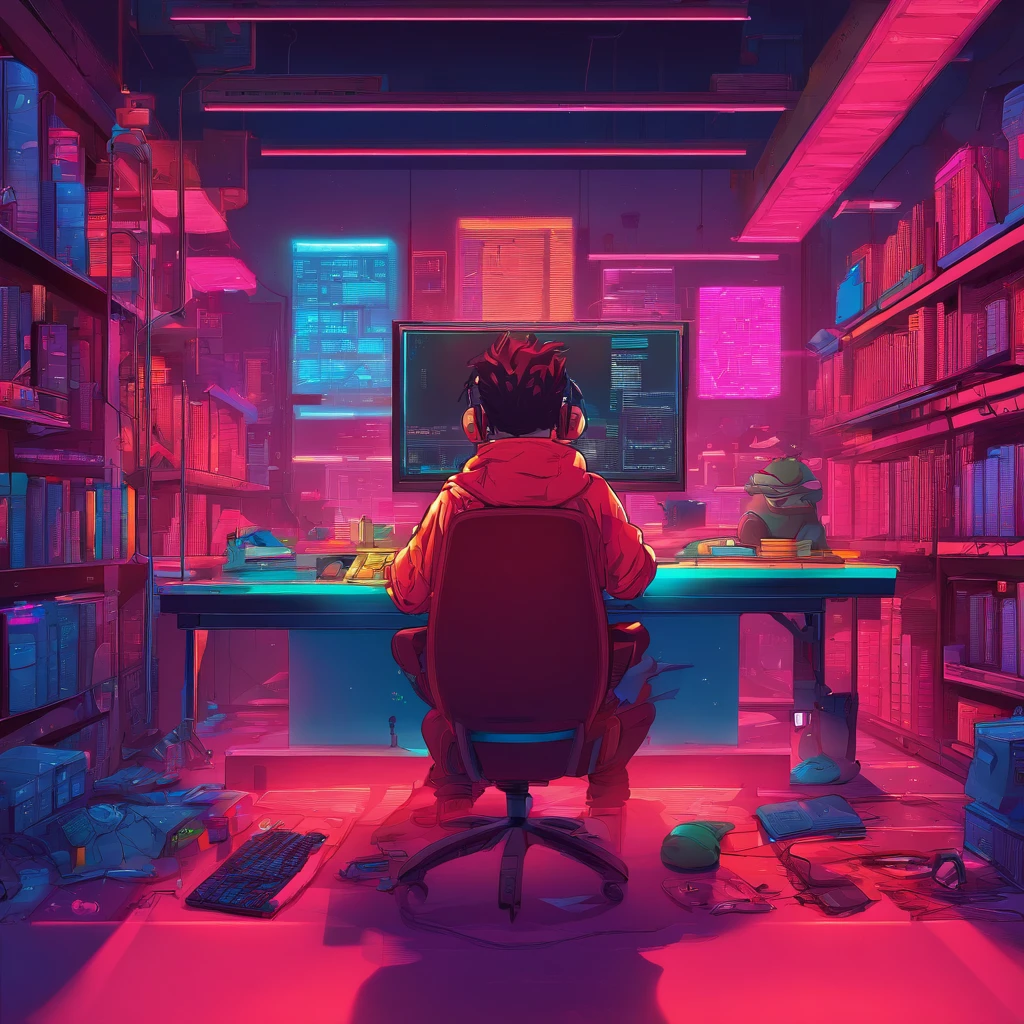 Cute kids working in front of computer,wears glasses, Red, blue, pink, sit in your room,One guy,Lots of books and bookshelves in the room,Side view clearly shows the side face