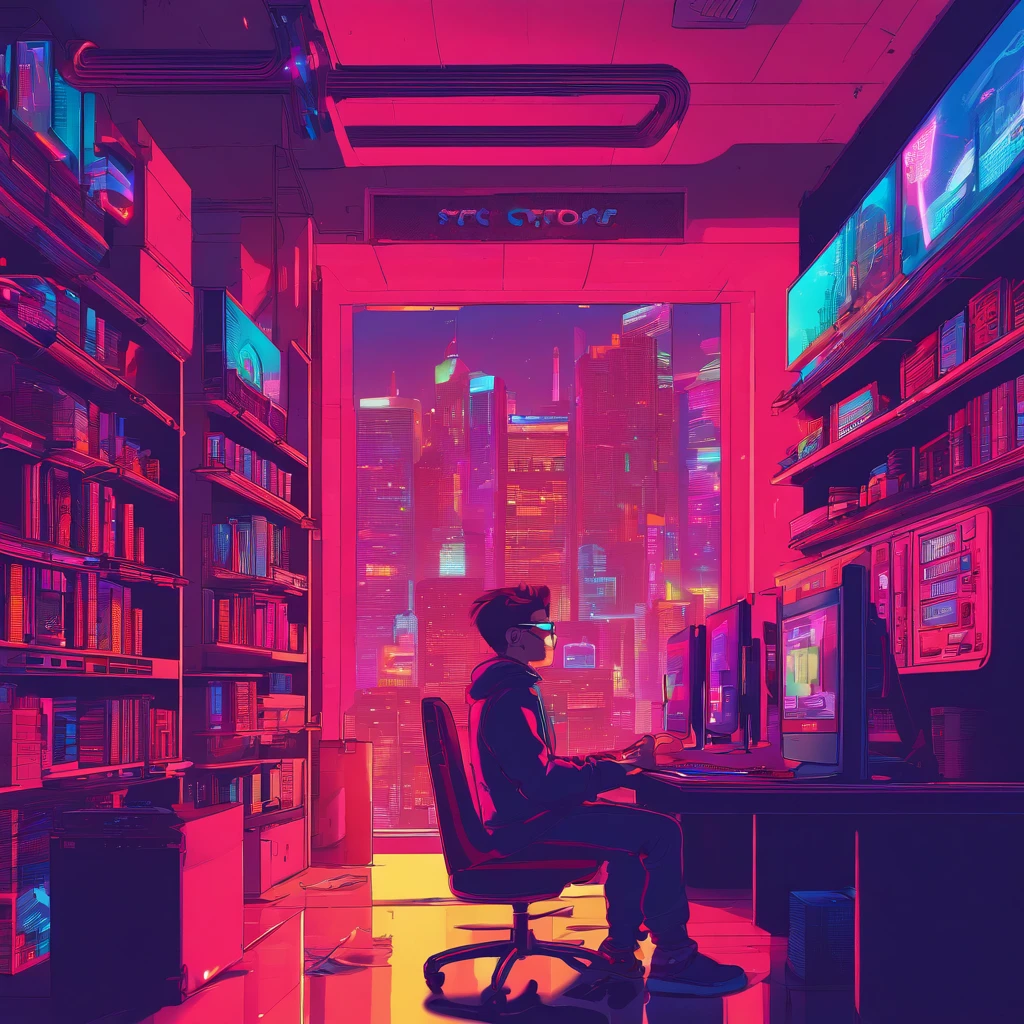 Cute kids working in front of computer，wears glasses, Red, blue, pink, sit in your room，One guy，Lots of books and bookshelves in the room，Side view clearly shows the side face