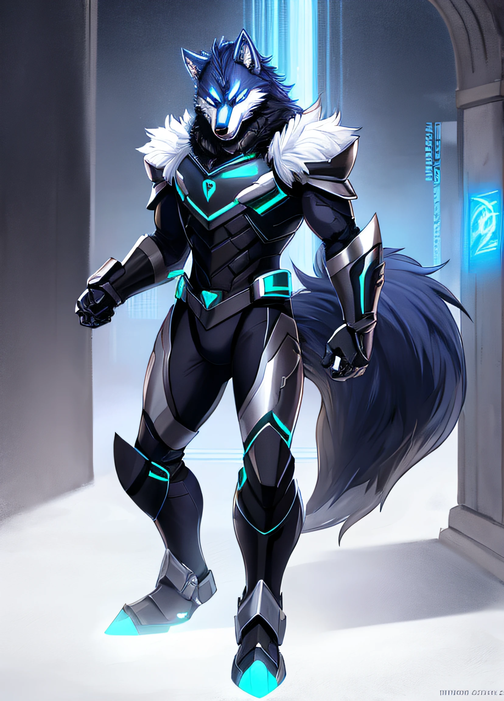 cyber armor, blue steel, anthro, male, wolf, video game, blue fur, green eyes, battle pose, silver greaves, black gauntlets, flowing mane
