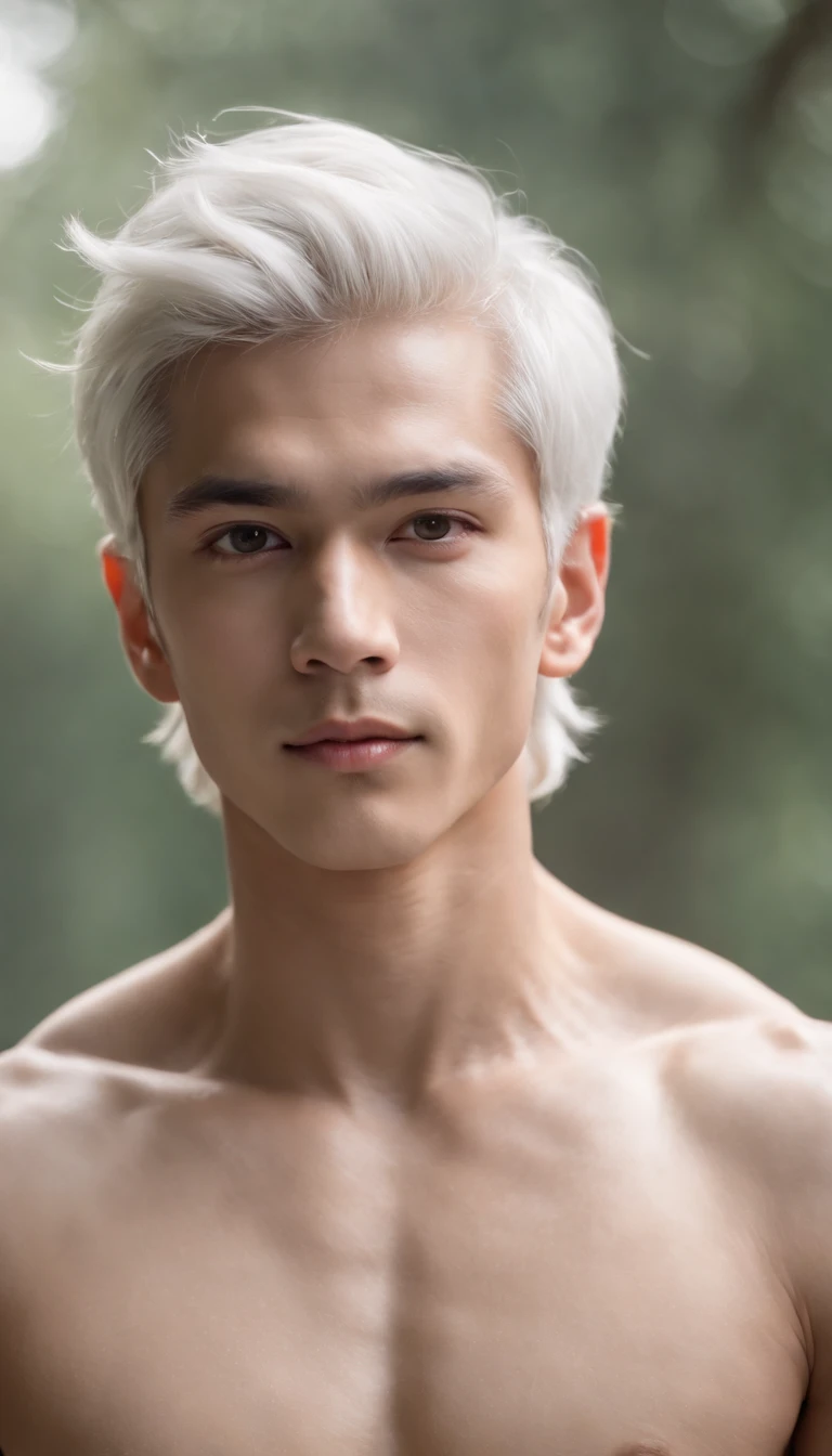 Generate a majestic image of a young male like a gods, surrounded by an aura of power and grace, white hair, short hair, shirtless, slim body ,emanating wisdom and strength around you , powerful