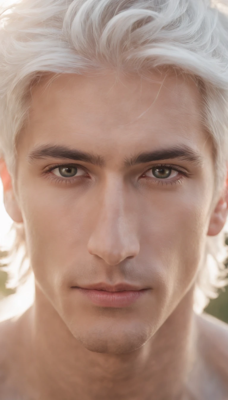 Generate a majestic image of a young male like a gods, surrounded by an aura of power and grace, white hair, short hair, shirtless, slim body ,emanating wisdom and strength around you , powerful