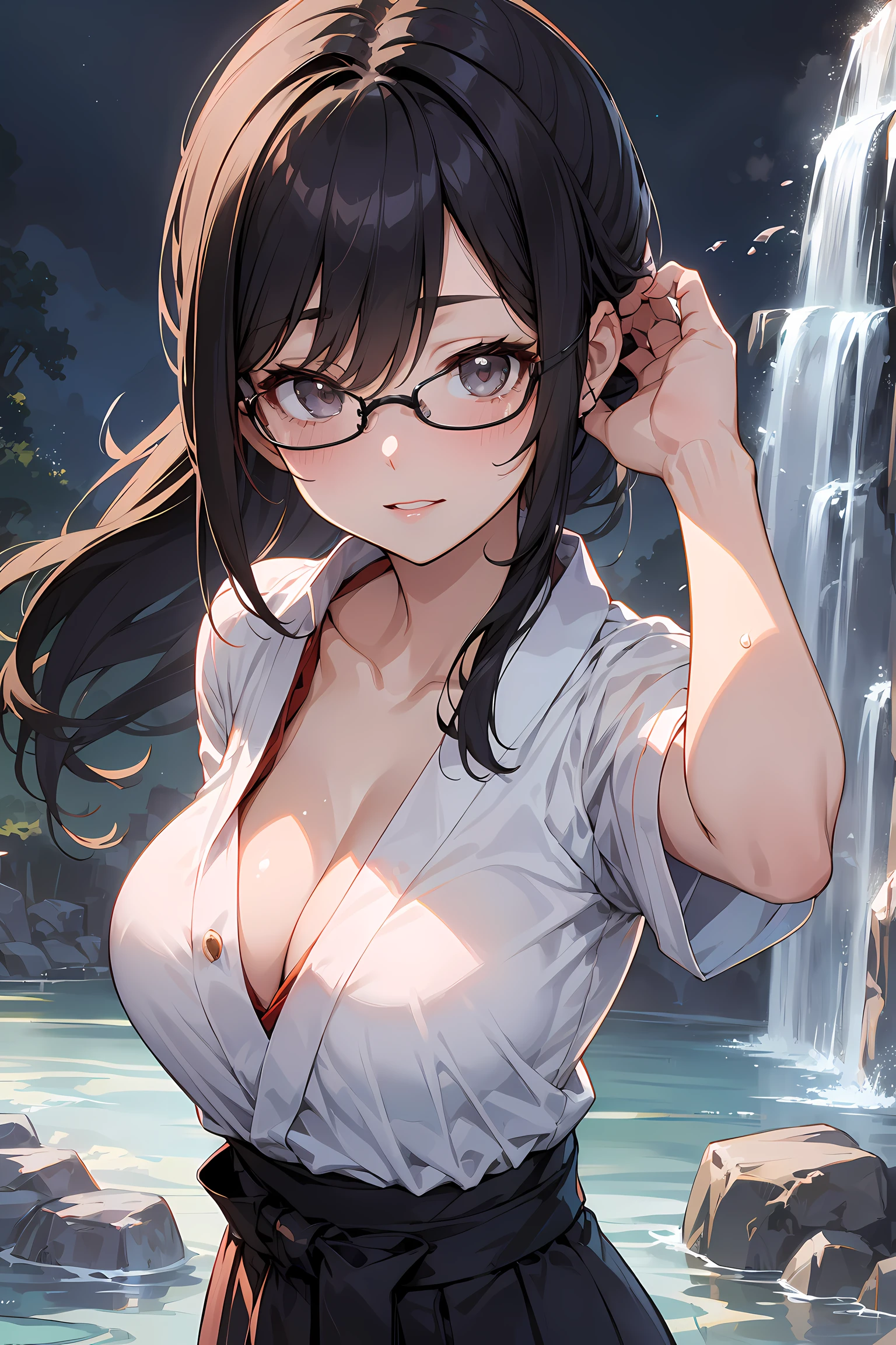 (Go inside the waterfall:1.3), (reaching out against the viewer:1.5),  high resolution, Photo of a beautiful woman detailed_face, young handsome girl,realistic:0.5, perfect skin, (wearing a glasses:1.5), from behind:1.5, (ultra-detailed background, detailed background), bokeh, make happy expressions, happy emotion, gorgeous,pure, beautyfull detailed face and eyes,breasts, (black eyes:1.1), (a extremely pretty and beautiful Japanese woman), (sexy girl), (professional attire:1.3), (22 years old: 1.1), BREAK, (lovely outfit:1.2), (detailed miko outfit:1.2), (white dogi:1.2), (red hakama:1.2))), cleavage, beautiful detailed skin, (cute:1.2), (black hair), ((jpop idol)), (upper thigh:0.6), (depth of field),soft light, Lens Glow looking at viewer, (Drooping eyes:1.2), straight teeth,smile, floating hair, (black hair:1.2), brown eyes BREAK movie scene, cinematic, full colors, 4k, 8k, 16k, RAW photo, masterpiece, professionally color graded, professional photography, high school girl, hair up, , soft clean focus, realistic lighting and shading, (an extremely delicate and beautiful art)1.3, elegant,active angle,dynamism pose BREAK (ponytail:1.3), (shiny-black thin hair:1.2), bangs, dark brown eyes, beautiful eyes, princess eyes, (big eyes:1.3), bangs, wearing a glasses:1.3, Hair between eyes, short hair:1.3, (slender:1.1), (medium-breasts:0.95), (thin waist: 1.15), (detailed beautiful girl: 1.4), Parted lips, Red lips, full-make-up face, (shiny skin), ((Perfect Female Body)), (upper body image:1.3), Perfect Anatomy, Perfect Proportions, (most beautiful Korean actress face:1.3, extremely cute and beautiful Japanese actress face:1.3), ,(1glasses girl:1.3, solo), ,(blush:1.1), gray background, solo focus, (bust shot:1.2), cinematic light, (nostalgic night scene:1.4), (waterfall:1.4), (moon light:1.3), (arms down:1.4), (looking at viewer:1.2), (in water:1.3), (under waterfall:1.3),