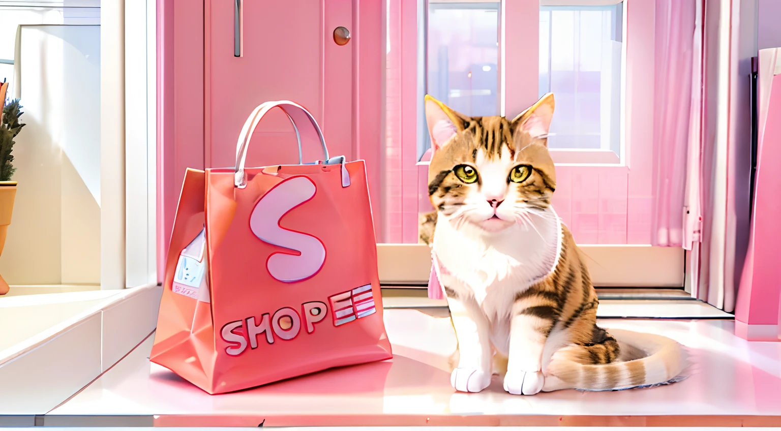 there is a cat sitting on the floor next to a shopping bag, promotional render, anime visual of a cute cat, best on adobe stock, promo image, made with photoshop, a hyper realistic, realistic 3 d style, a cute cat, cat. digital painting, stylized digital illustration, shops, sophie, stylized as a 3d render