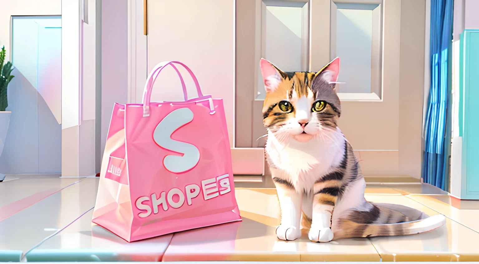 there is a cat sitting on the floor next to a shopping bag, promotional render, anime visual of a cute cat, best on adobe stock, promo image, made with photoshop, a hyper realistic, realistic 3 d style, a cute cat, cat. digital painting, stylized digital illustration, shops, sophie, stylized as a 3d render
