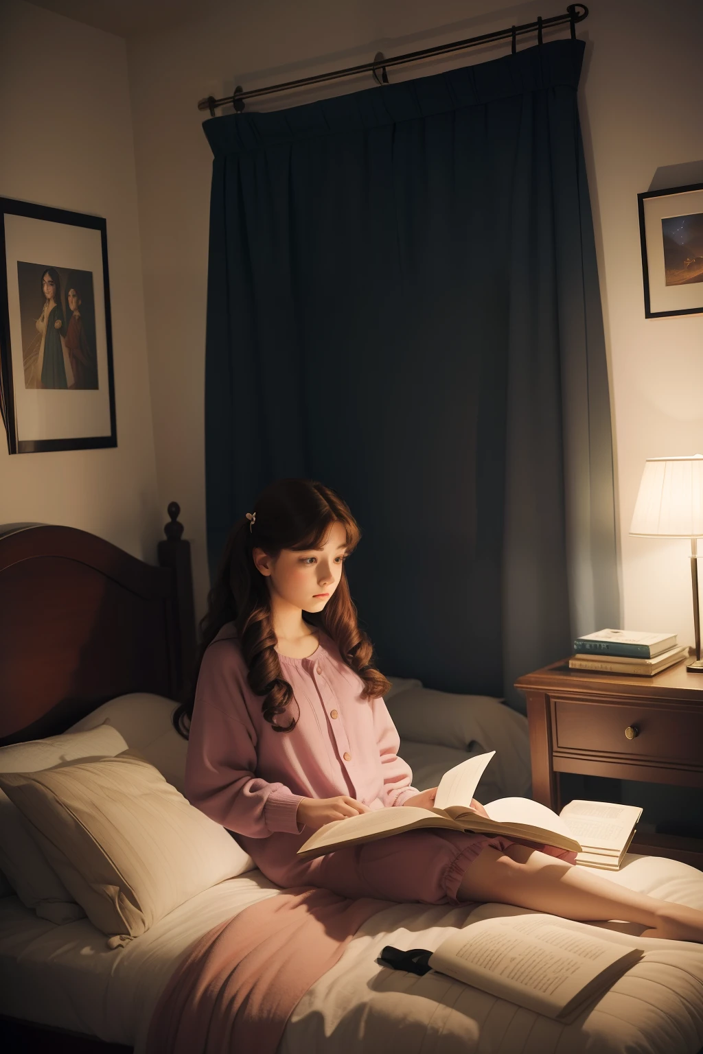 Year: 2012. Location: North River Heights, Manhattan. pre-raphaelite scene with a -yeld gi (plain) and sad, reading in bed, teen eclectic colorful bedroom, wearing her pyjammas sweats, ((nighttime)) ((night light)), ((((2010s clothes)))) ((2010s hairstyle)) ((in the style of "OMITB")) ((cinematic style))