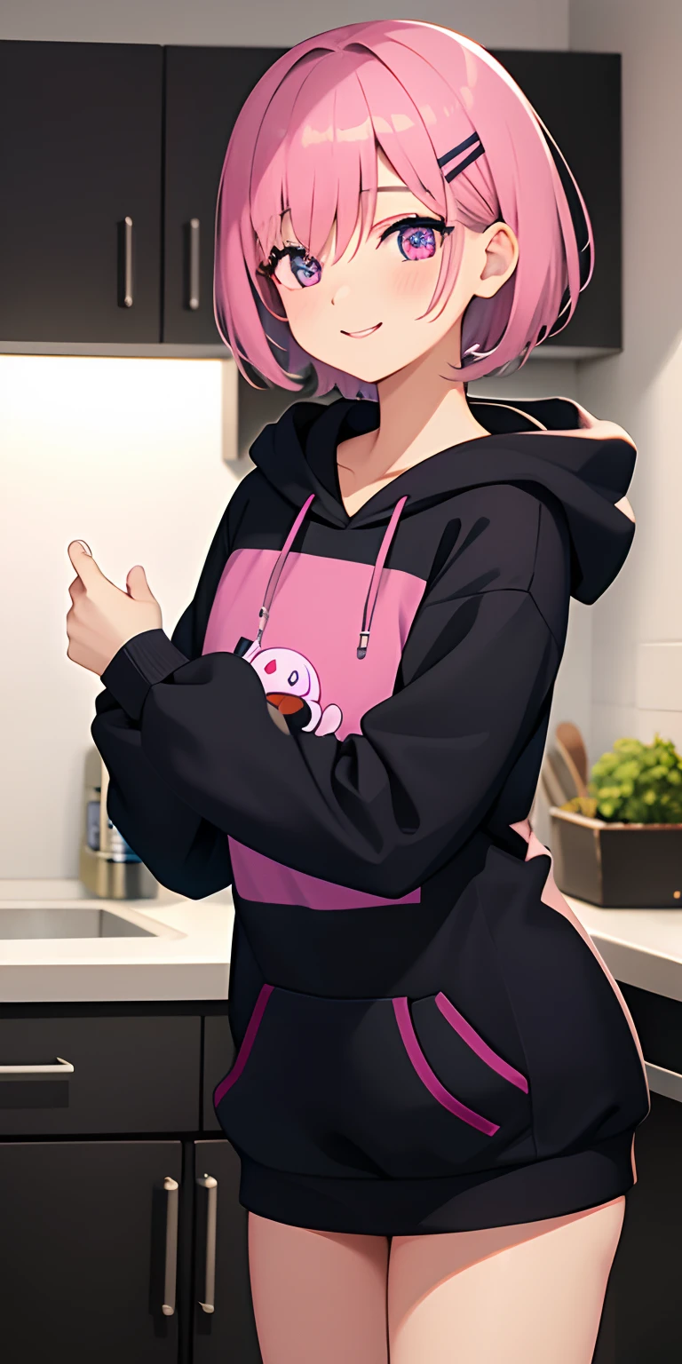 one nineteen years old girl, pink short hair, hair covers one eye, purple eyes, hair clip, light blush (1 :1) , light smile, black hoodie, pink short, kitchen,